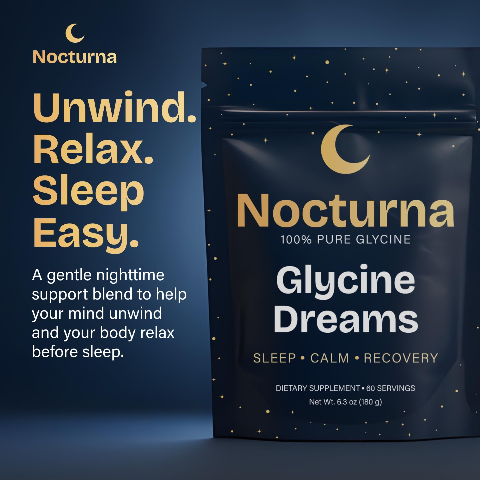 Nocturna Glycine Supplement – 100% Pure 3g Glycine Powder for Sleep, Calm & Recovery – USA Made Sleep Aid for Men & Women – Non-GMO & Completely Natural - 6.3Oz for 60 Servings Nocturna uk supplements