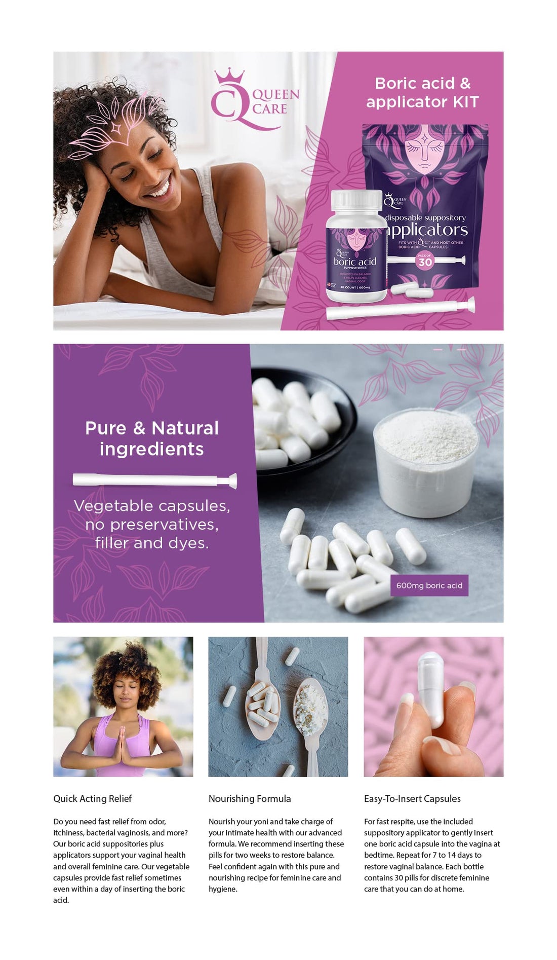Queen Care - Boric Acid Suppositories & Applicators, Complete Feminine Care, PH Balance for Women Queen Care uk supplements