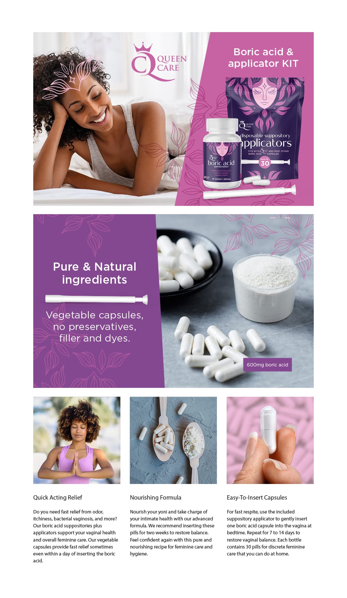Queen Care - Boric Acid Suppositories & Applicators, Complete Feminine Care, PH Balance for Women Queen Care uk supplements
