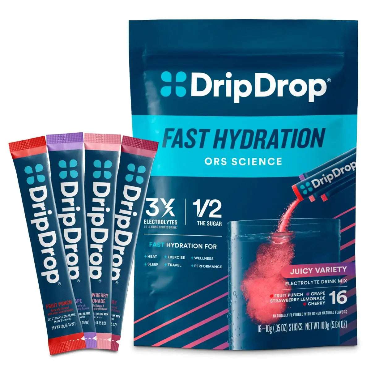 DripDrop Hydration Packets - Juicy Variety Pack - Single Serve Electrolytes Powder Drink Mix - Grape, Fruit Punch, Strawberry Lemonade, Cherry DripDrop uk supplements