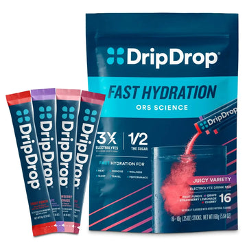 DripDrop Hydration Packets - Juicy Variety Pack - Single Serve Electrolytes Powder Drink Mix - Grape, Fruit Punch, Strawberry Lemonade, Cherry DripDrop uk supplements