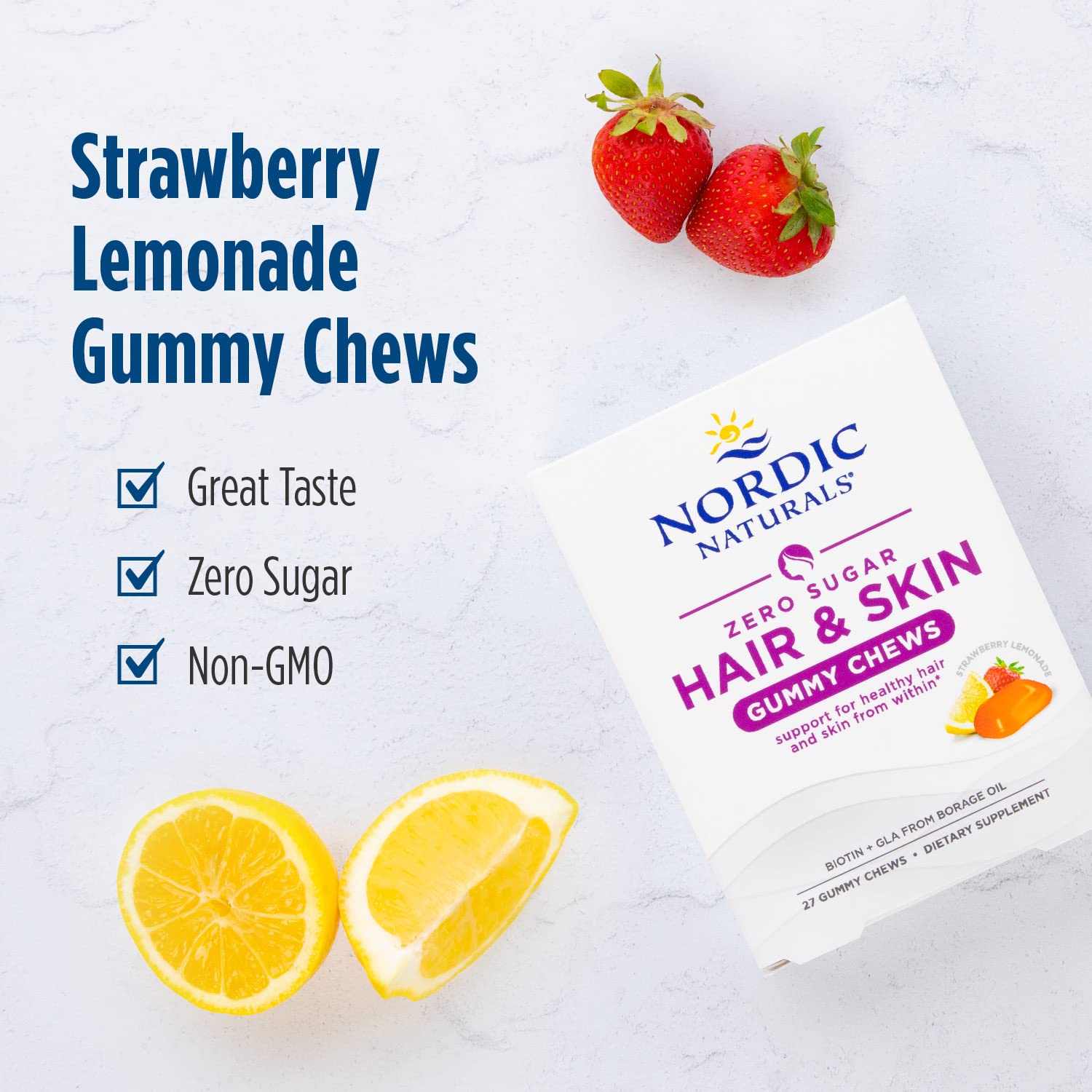 Nordic Naturals Zero Sugar Hair & Skin Gummy Chews, Strawberry Lemonade - 27 Gummy Chews - Biotin + GLA from Borage Oil - Promotes Healthy Balance of Fats in Skin - Non-GMO - 27 Servings Nordic Naturals uk supplements