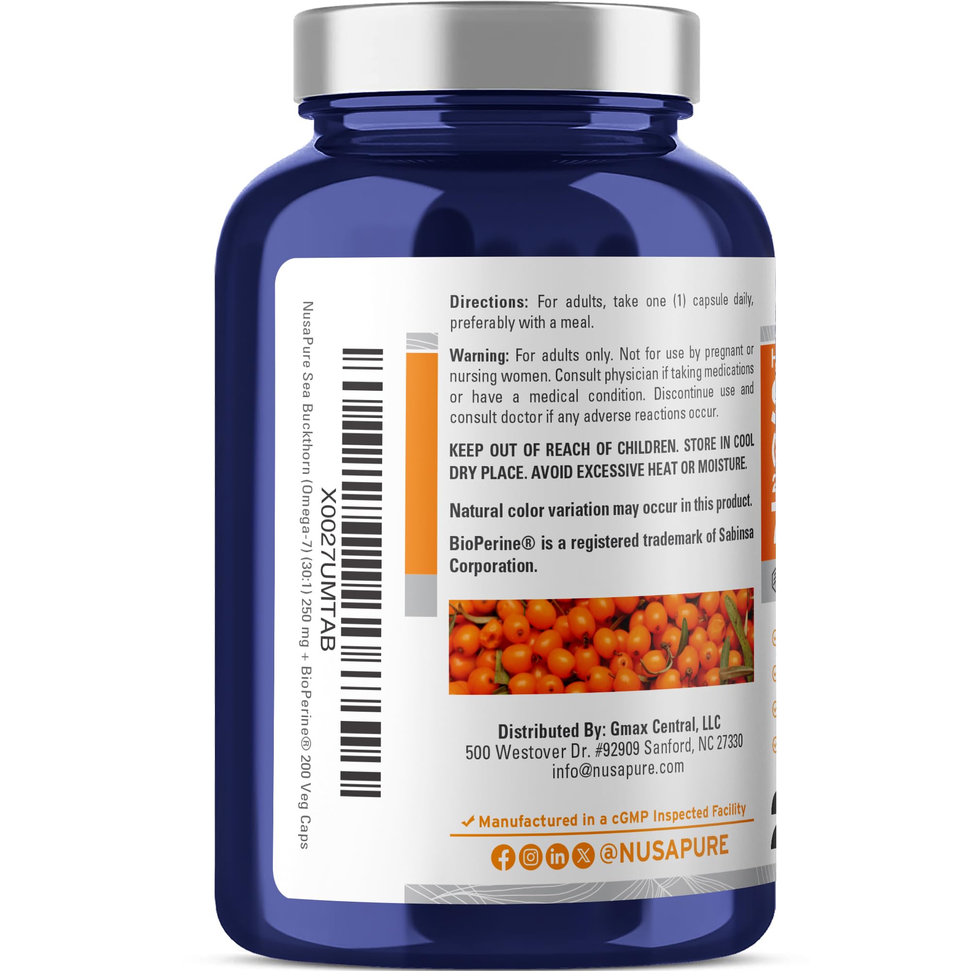 NusaPure Sea Buckthorn Omega-7 30:1 Extract, 250 mg Equivalent to 7,500mg per Veggie Caps - 200 Capsules - Non-GMO & Vegan NusaPure uk supplements