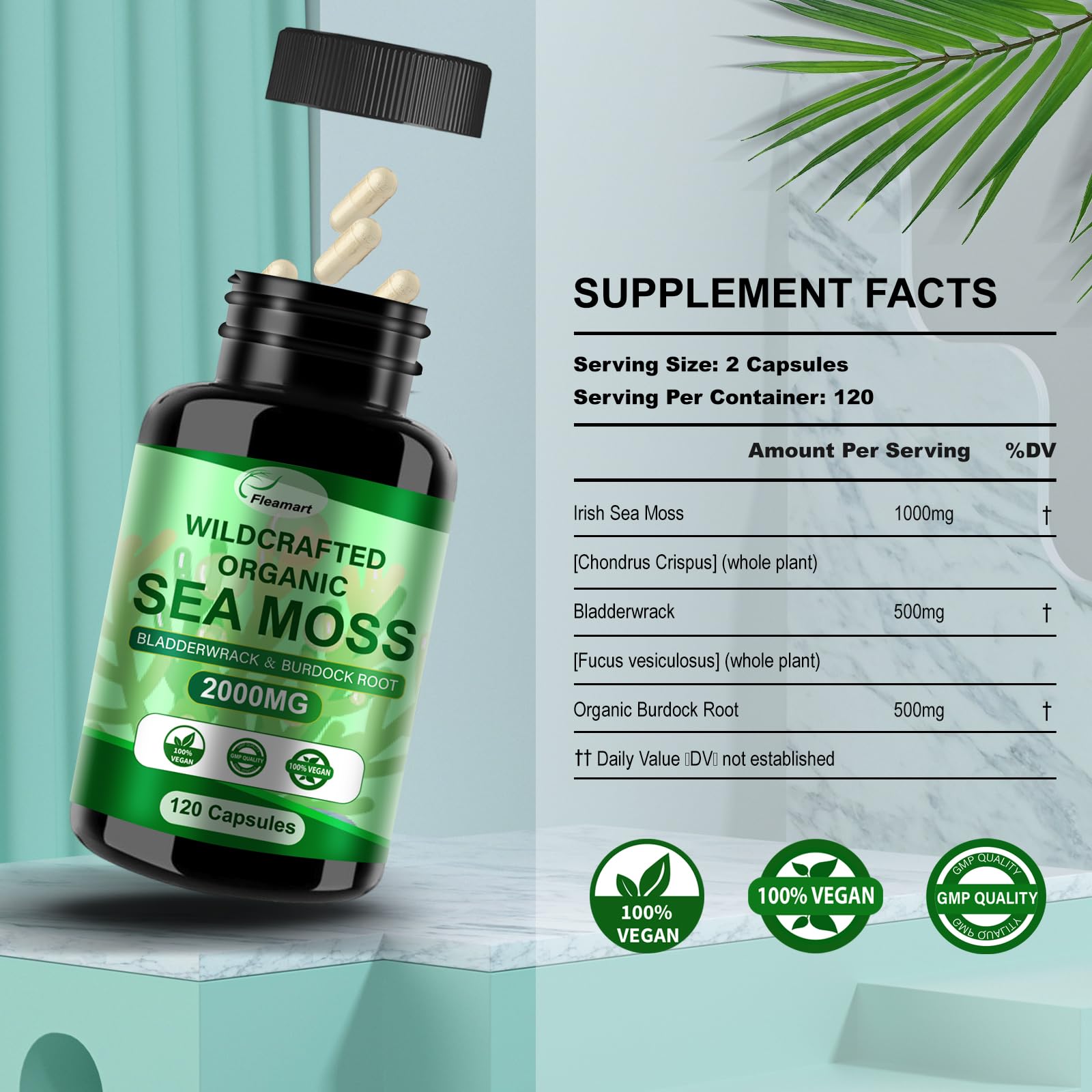 Fleamart Irish Sea Moss Capsules 120ct Raw Organic Sea Moss Wildcrafted Bladderwrack Fleamart uk supplements