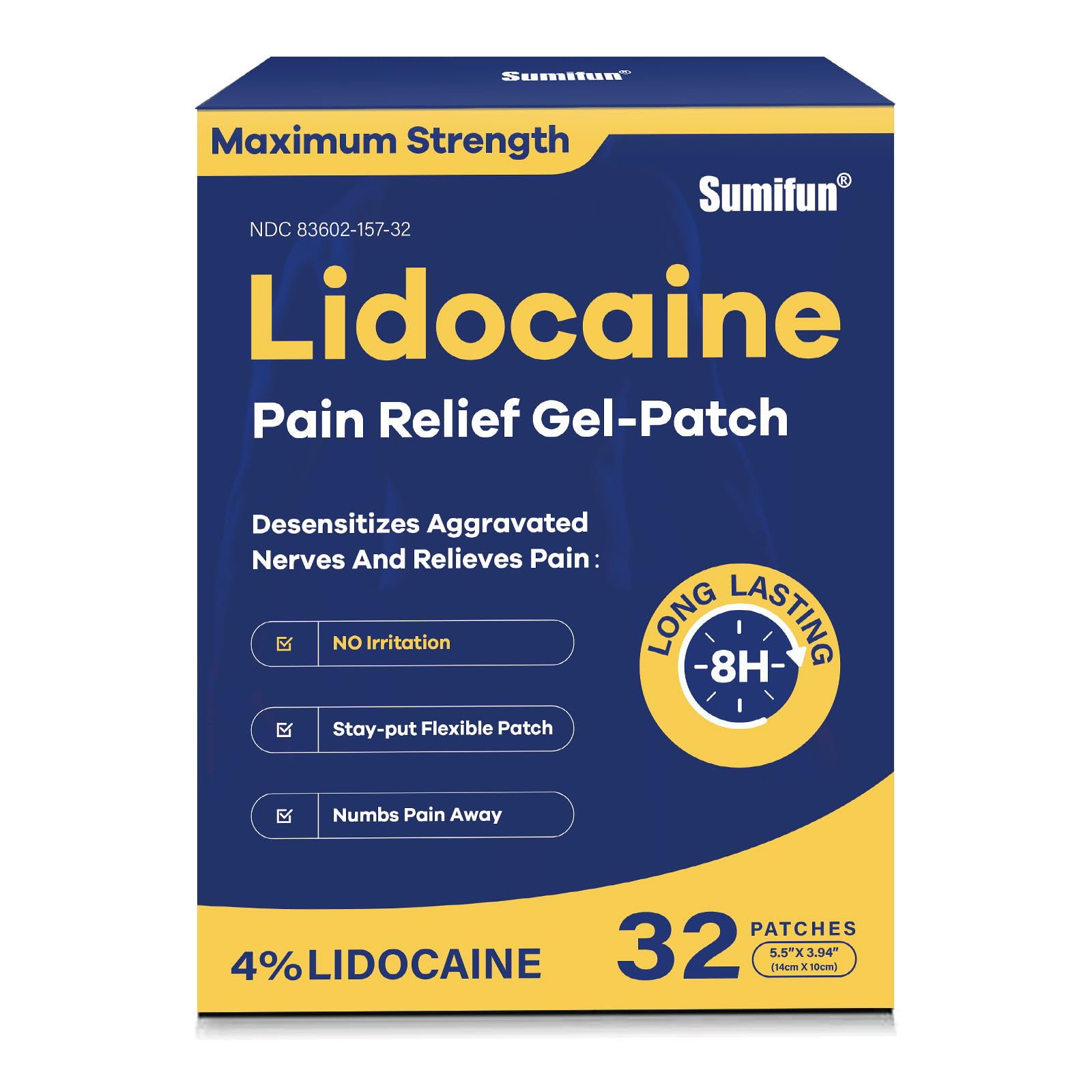 Sumifun 4% Lidocaine Patches Maximum Strength- Pain Relieving Gel Patch for Back, Shoulder, Muscle, Knee Pain Relief,Neck & Joint Pains-Numbs Away Pain, Apply for Up to 8 Hours (Large, Count, 32) Sumifun uk supplements