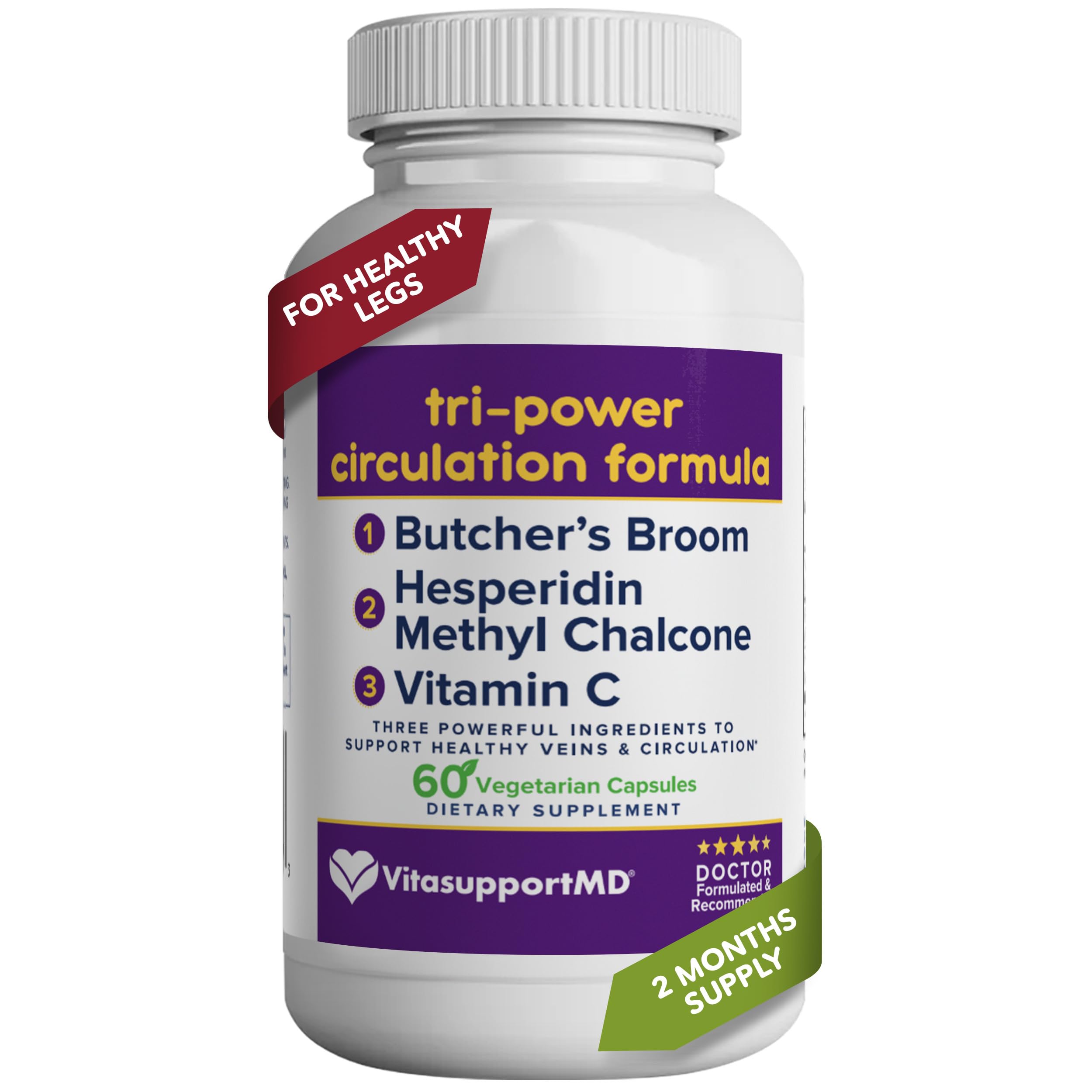VITASUPPORTMD Tri-Power Circulation Formula - Circulation Supplement with Butcher's Broom, Hesperidin Methyl Chalcone, and Vitamin C, 60 Capsules, for Blood and Leg Circulation, Vein Health Support VITASUPPORTMD uk supplements
