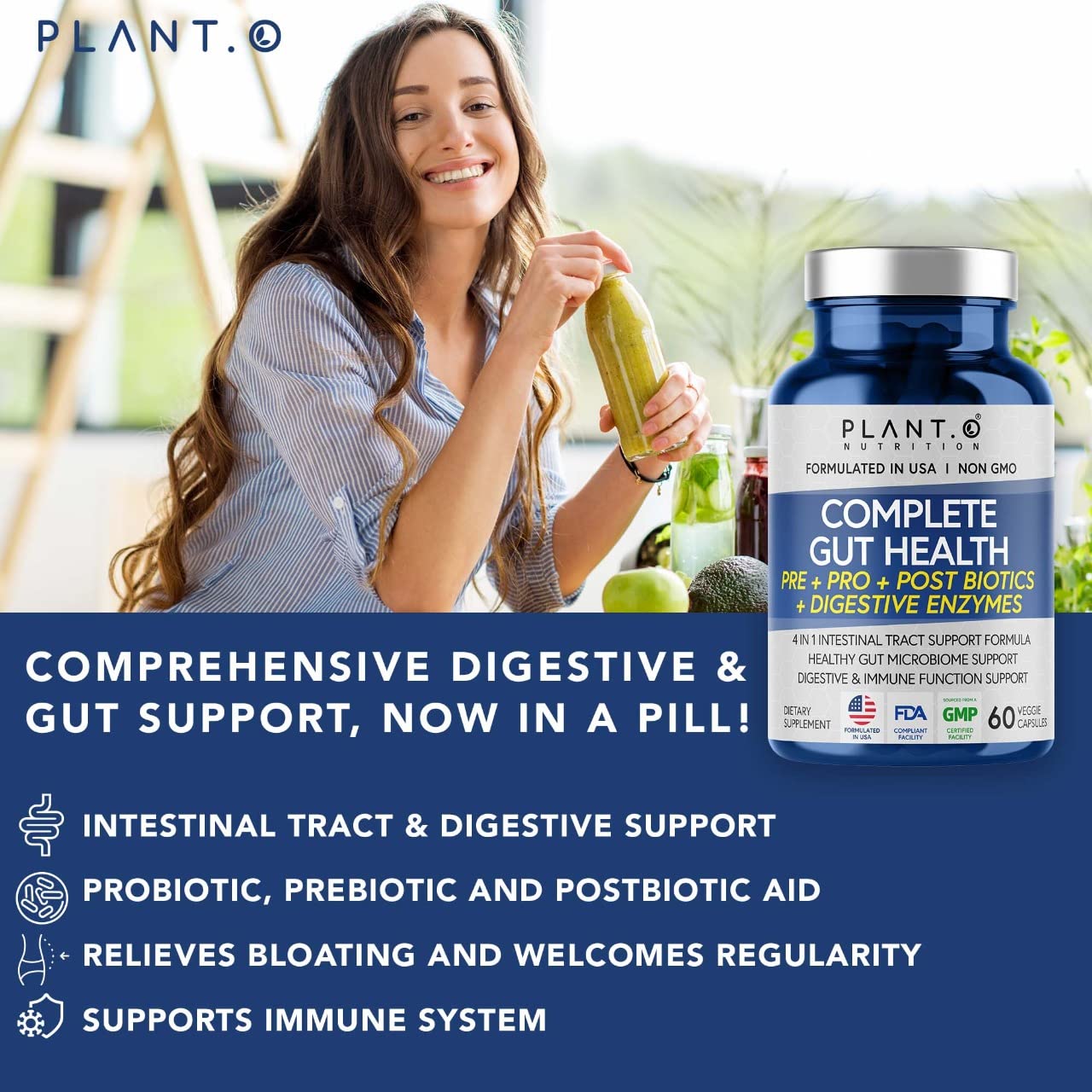 4-in-1 Prebiotic Probiotic & Postbiotic for Women & Men, Complete Gut & Digestive Support Supplement, Pre Post Probiotics & Digestive Enzymes 60 Capsules PLANT.O NUTRITION uk supplements