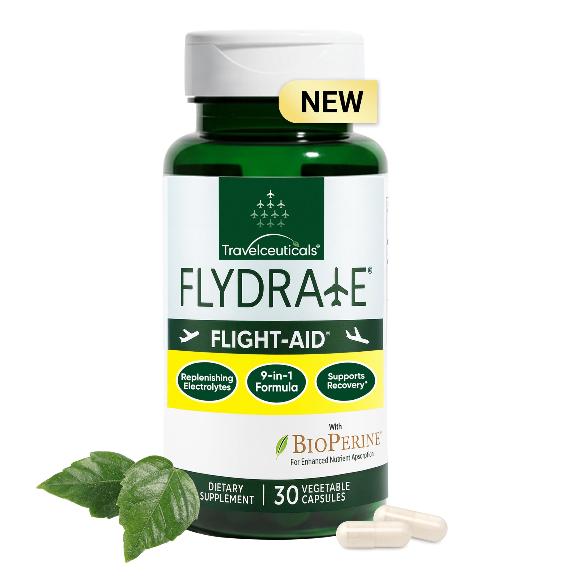 Flight-Aid | Replenishing Electrolyte Hydration Capsules Made for Travel, Jet Lag, Fatigue & Recovery | 9-in-1 Formula with Essential Electrolytes, Vitamins, Minerals & Bioperine® | 30 Capsules Flydrate uk supplements