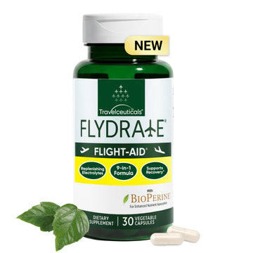 Flight-Aid | Replenishing Electrolyte Hydration Capsules Made for Travel, Jet Lag, Fatigue & Recovery | 9-in-1 Formula with Essential Electrolytes, Vitamins, Minerals & Bioperine® | 30 Capsules Flydrate uk supplements