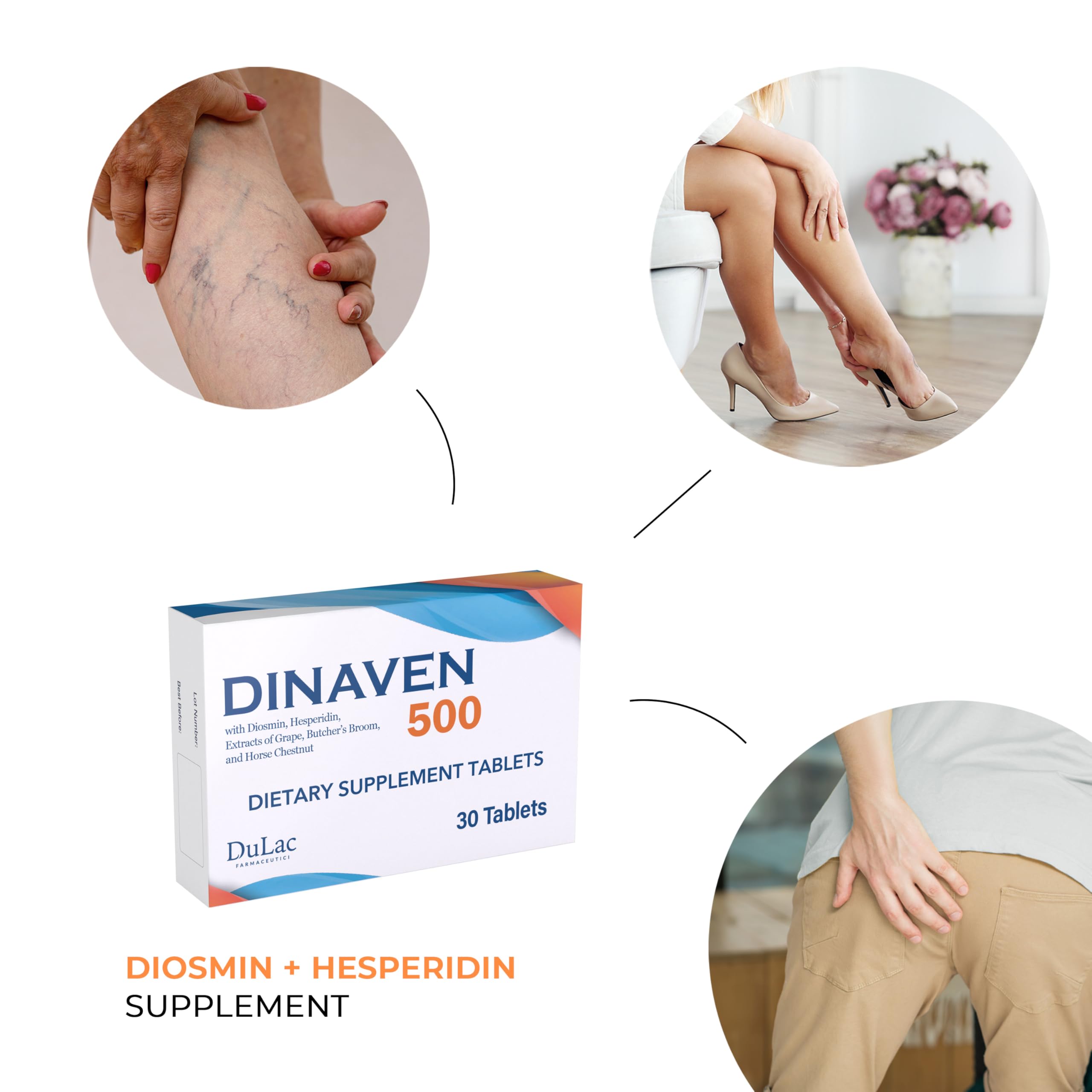 Dulac Dinaven 500, Micronized Diosmin Hesperidin Dietary Supplement 1000mg per serving, Horse Chestnut Extract, Butcher’s Broom & Red Grape Extract, Leg Circulation Support, 30 Tablets, Made in Italy DULÀC FARMACEUTICI 1982 uk supplements