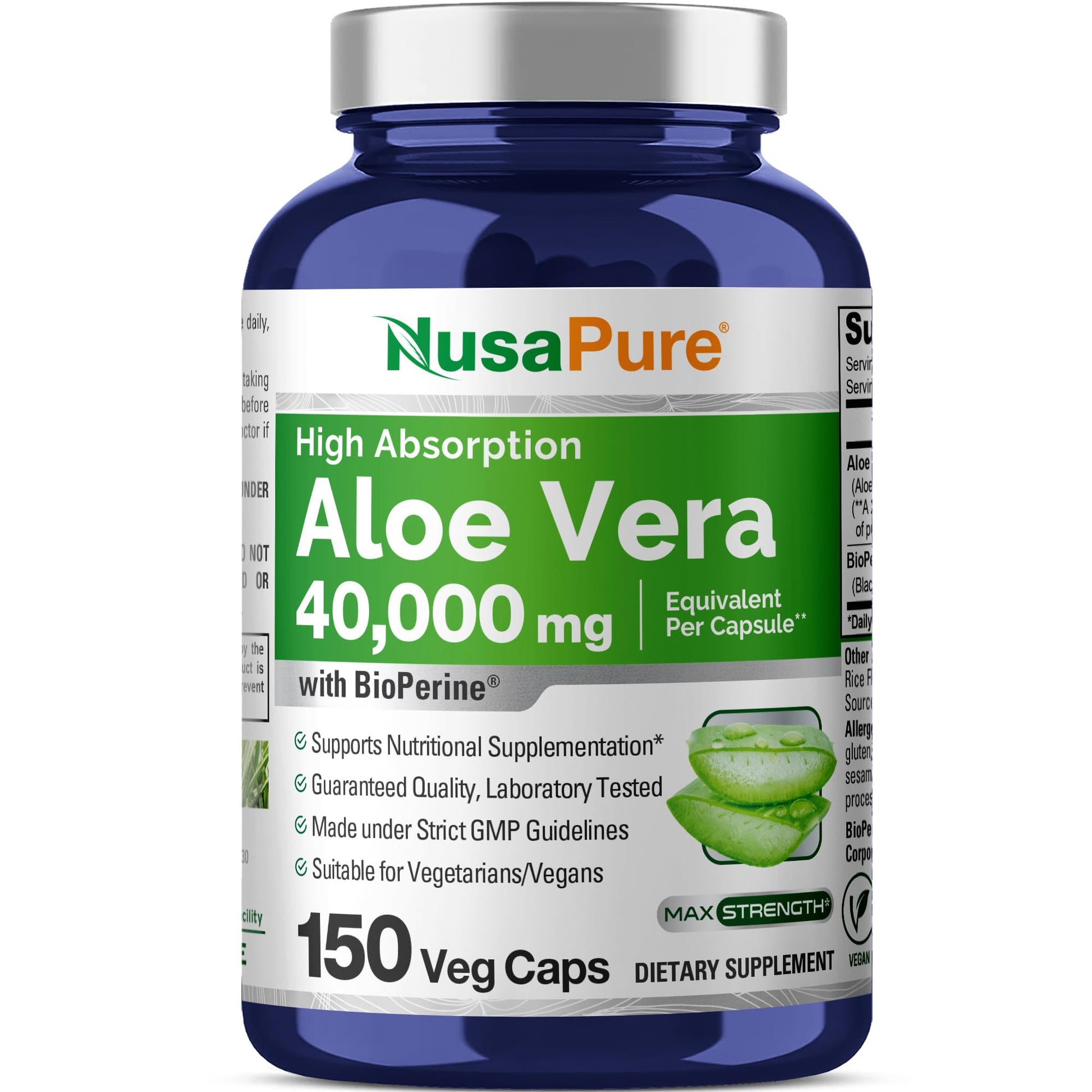 NusaPure Aloe Vera 40,000mg Per Veggie Caps - 150 Count - Aloe Vera Gel Supplement - Extract 200:1, Vegetarian, Non-GMO, Bioperine NusaPure uk supplements