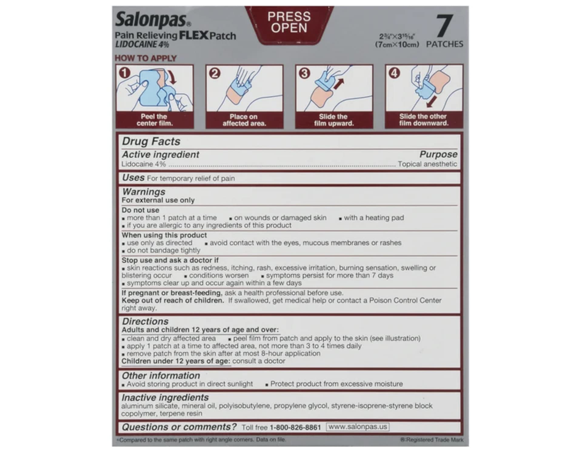 Salonpas Temporary Pain Relieving Flex Patch with Lidocaine 4%, Maximum OTC Strength, Stretchable Thin Fabric, Strong Adhesion, Contours to Body, Apply for Up to 8 Hours 7 ct (Pack of 2) Salonpas uk supplements
