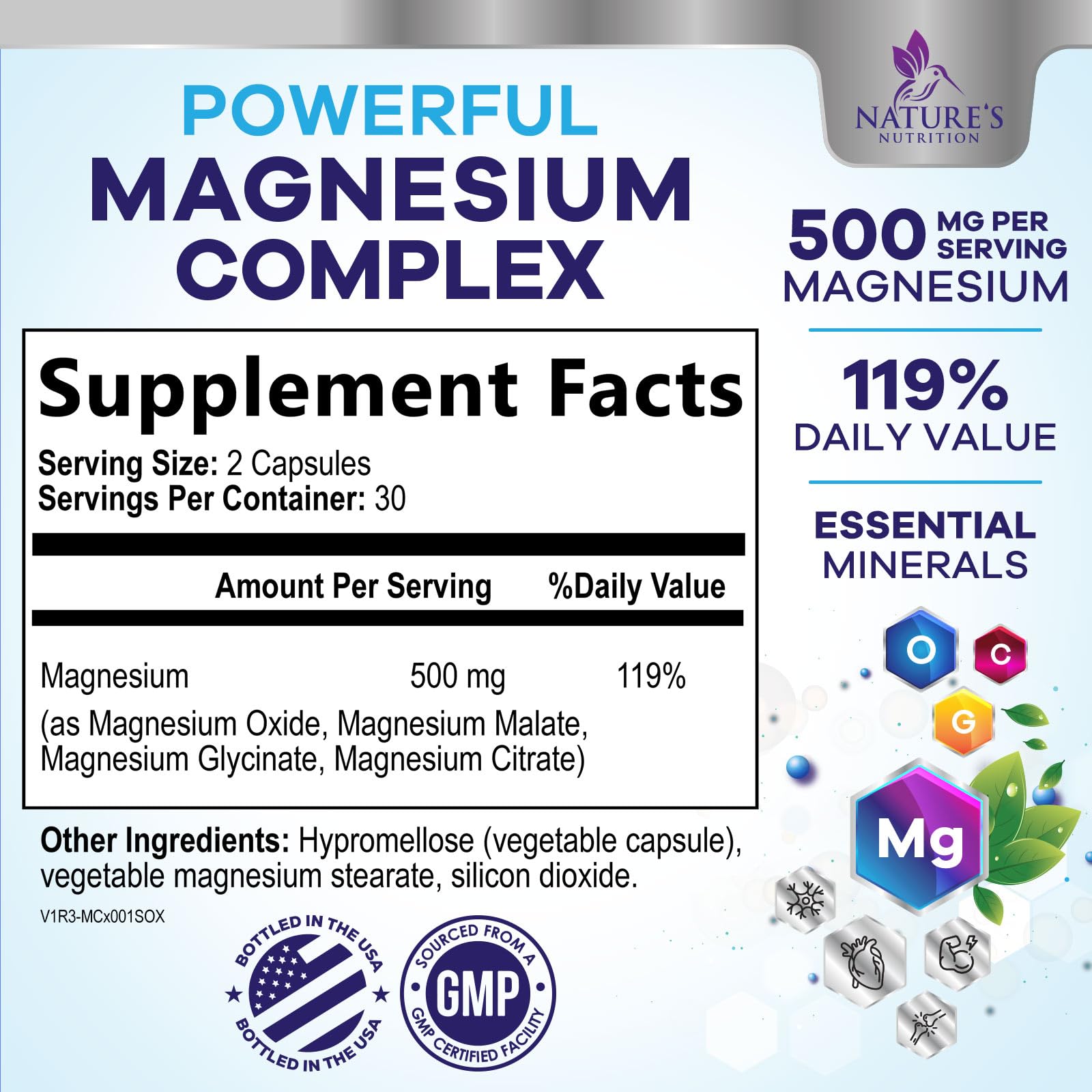 Magnesium Complex Supplement - Magnesium 500 mg Per Serving - 4 in 1 High Absorption Blend - 100% Chelated Magnesium Glycinate with Malate, Citrate & Oxide - Vegan Complex - USA Bottled - 60 Capsules Nature's Nutrition uk supplements