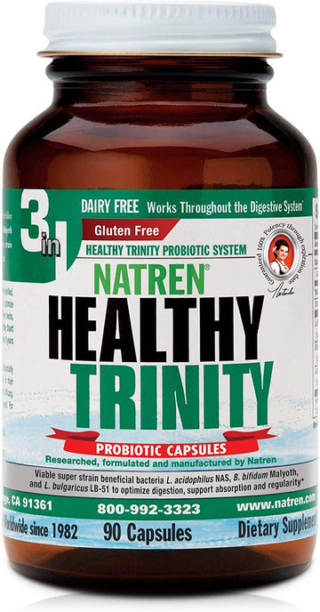 Natren Healthy Trinity Probiotics Supplement - 90 Dairy and Gluten Free Gel Capsules - Improve Gut and Digestive Health, 30 Billion CFU - Lactobacillus Acidophilus, Bifidobacterium, Bulgaricus Natren uk supplements