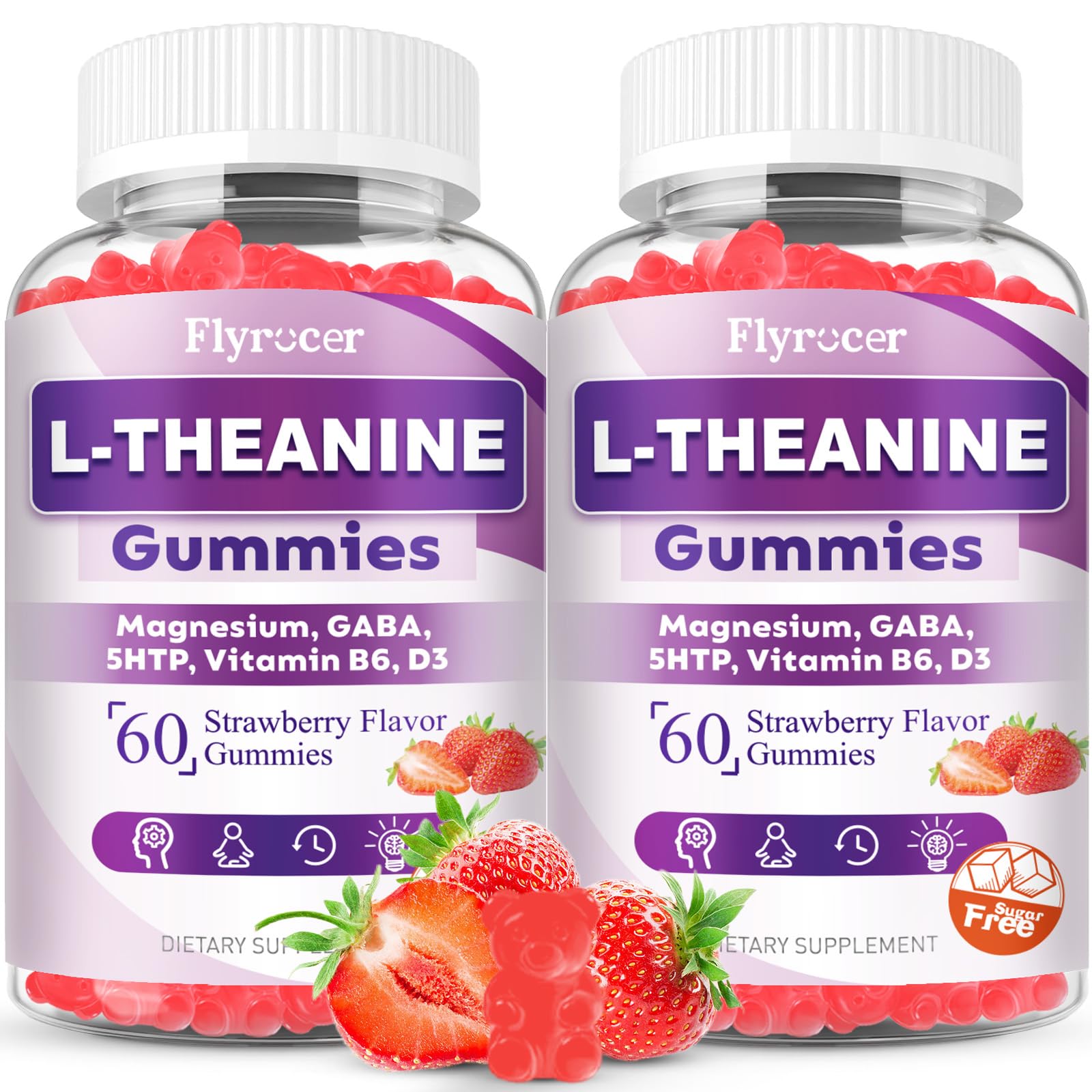 Flyrocer 2 Pack L-Theanine Gummies, L Theanine Supplement for Adults & Kids, L'Theanine with Ashwagandha, Magnesium, 5HTP & GABA - Support Calm, Relax, zzZ, Focus, Vegan Strawberry Flavor, 120 Count Flyrocer uk supplements