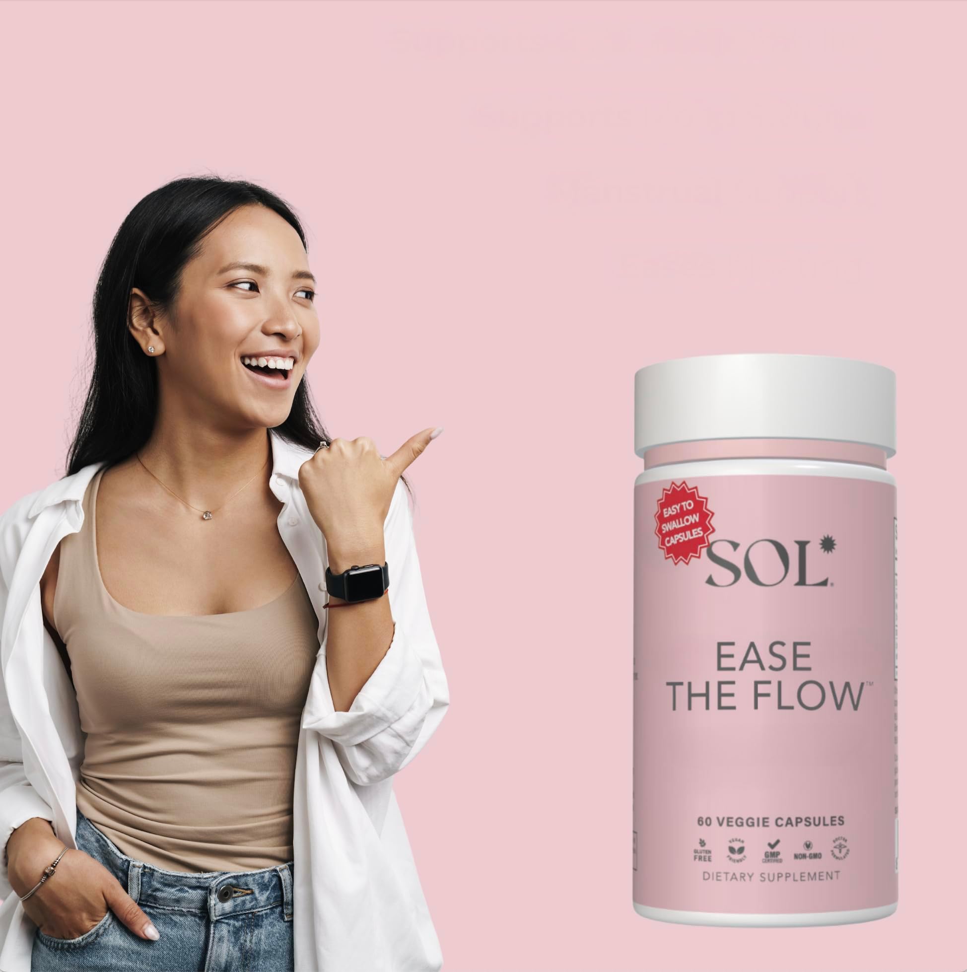 Sol Nutrition Ease the Flow - PMS Support, Menstrual Relief, PMDD Supplements, Period Relief Products, Eases Bloating & Mood Swings, Vitamins B6 & B8, 60 Easy-to-Swallow Capsules Sol Nutrition uk supplements