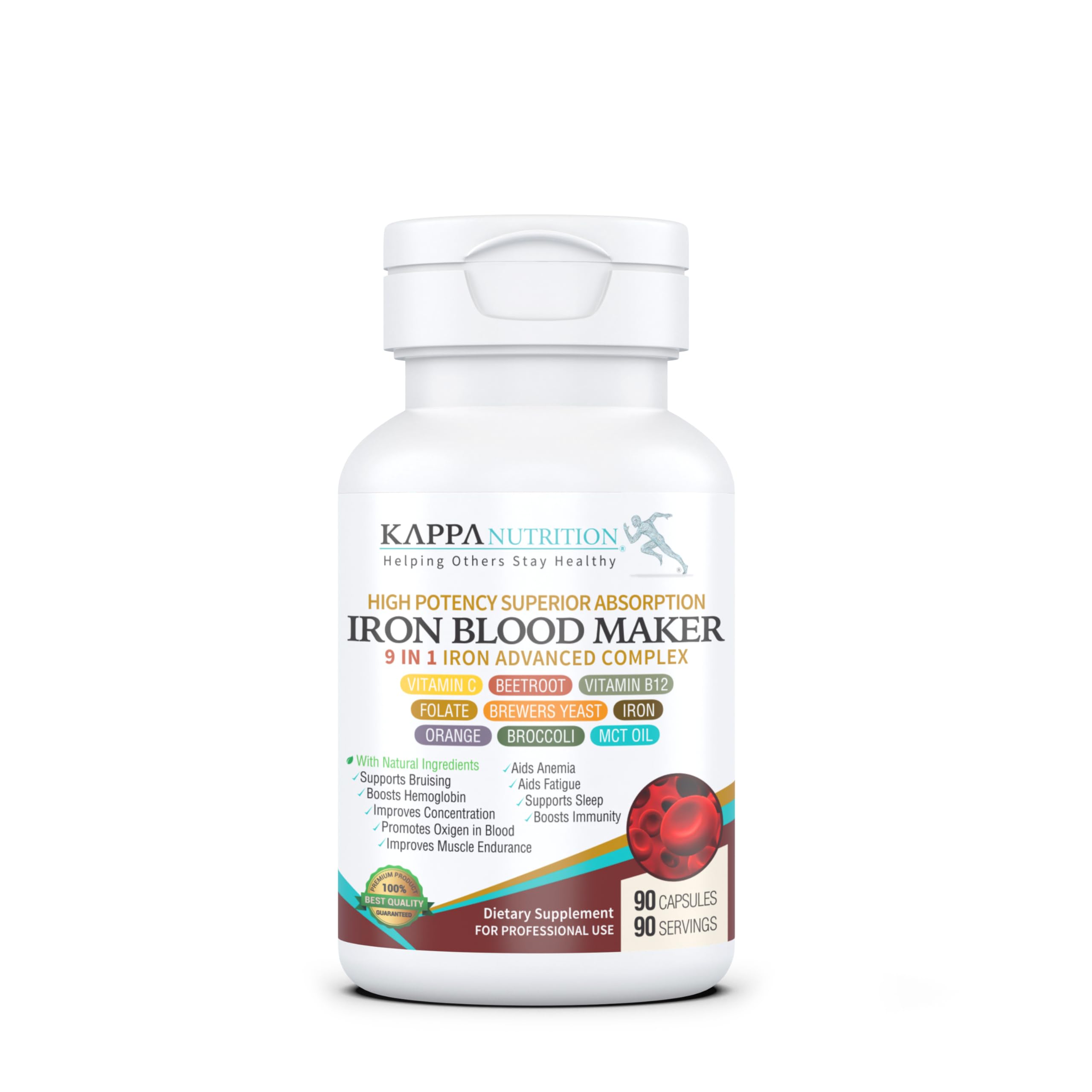 KAPPA NUTRITION Iron 26mg, Vitamin C & Orange 150mg, Folate 667mcg DFE, Vitamin B12, Beetroot, Brewers Yeast, Broccoli & MCT Oil 9 in 1 Advanced Complex (90 Capsules) KAPPA NUTRITION uk supplements