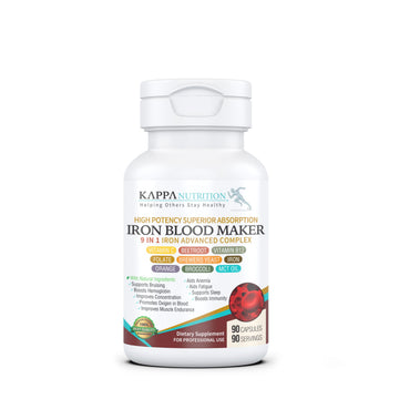 KAPPA NUTRITION Iron 26mg, Vitamin C & Orange 150mg, Folate 667mcg DFE, Vitamin B12, Beetroot, Brewers Yeast, Broccoli & MCT Oil 9 in 1 Advanced Complex (90 Capsules) KAPPA NUTRITION uk supplements