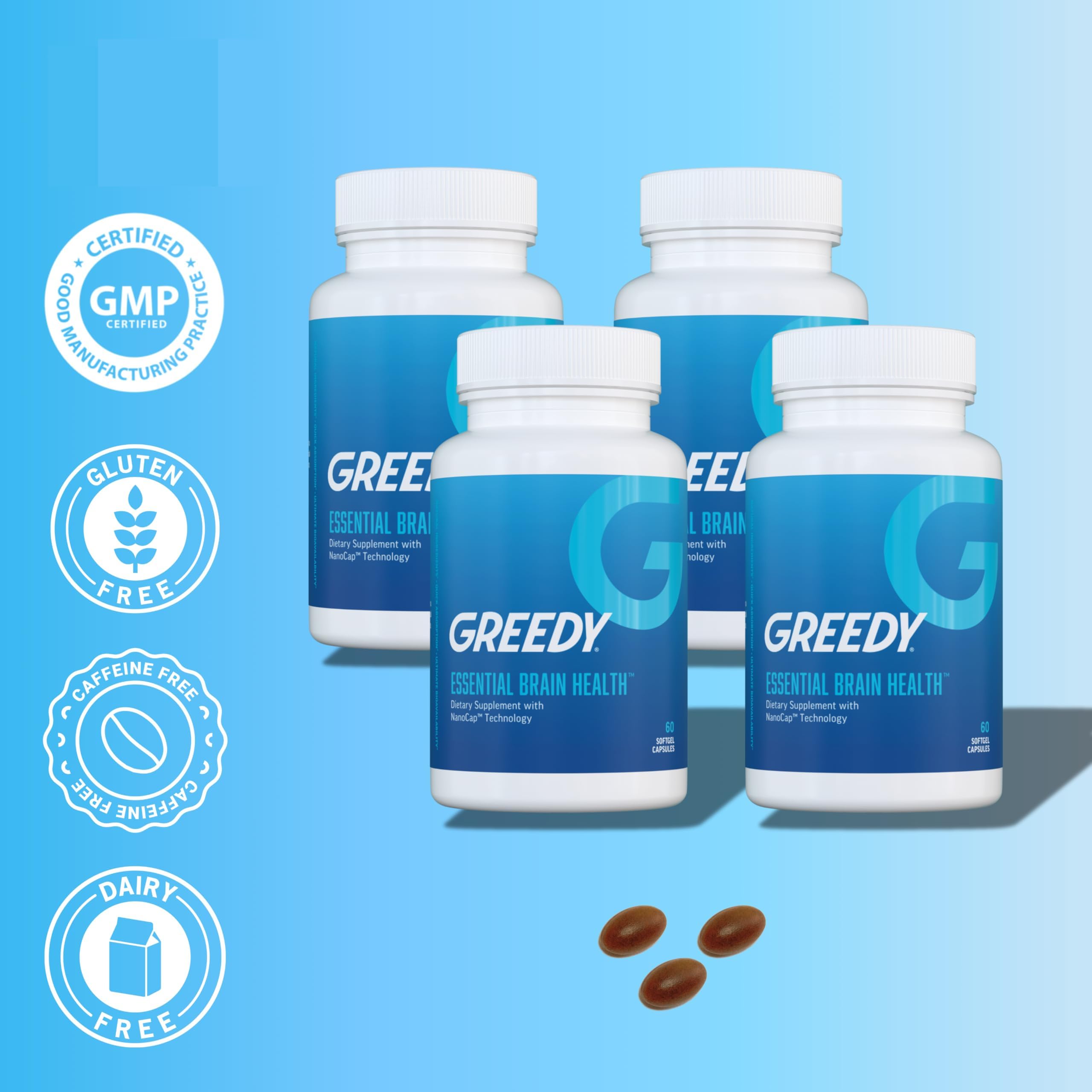 Essential Brain Health Supplements Nootropic for Memory and Focus – for Adults with NanoCap® Technology, Phosphatidylserine, Bacopa, Ginkgo Biloba, Omega 3, B6, B12, 60 Softgels by Greedy® Nutrition Platinum Health uk supplements