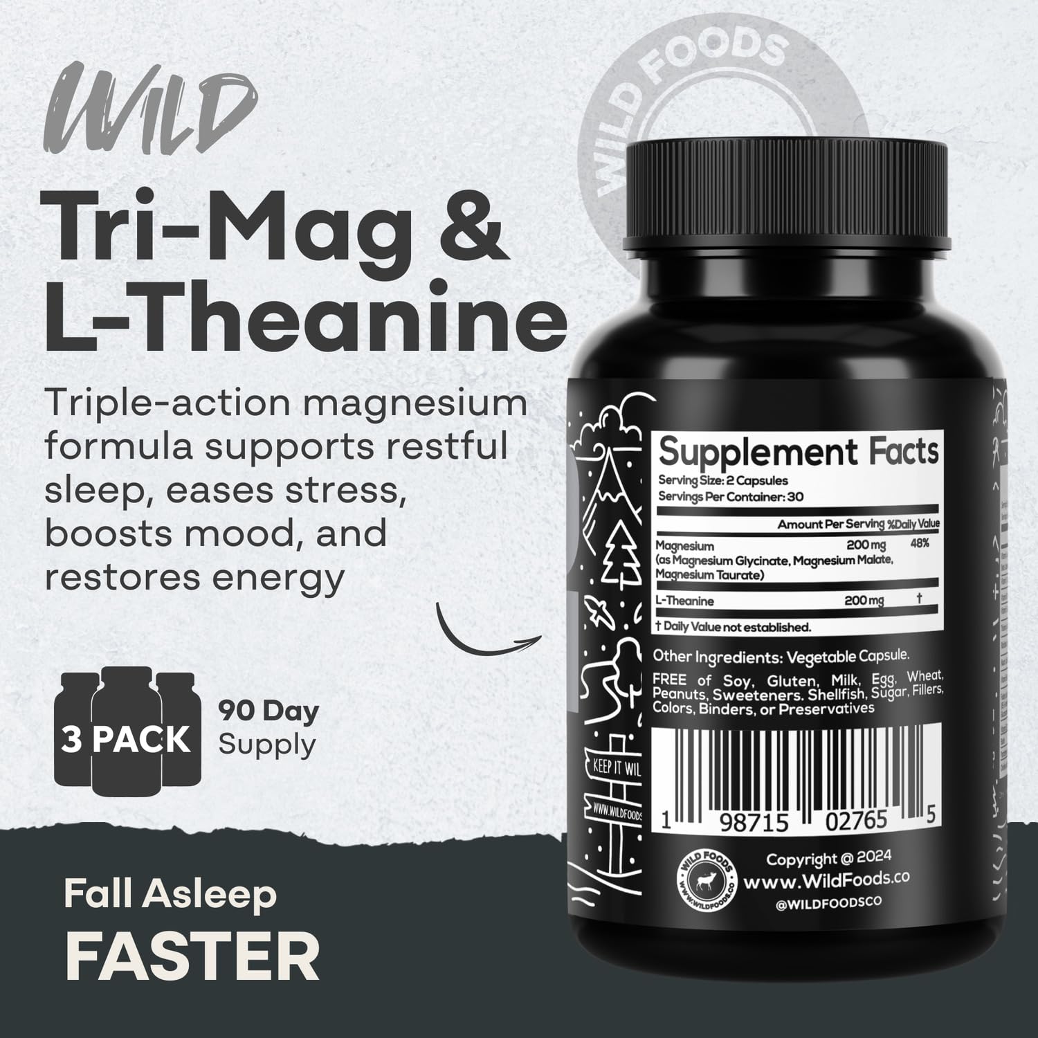 Wild Foods Tri-Mag & L-Theanine – Triple Magnesium Complex for Sleep w/L Theanine – Magnesium Glycinate, Malate, Taurate – 100% Natural – 60 Capsules Wild Foods uk supplements