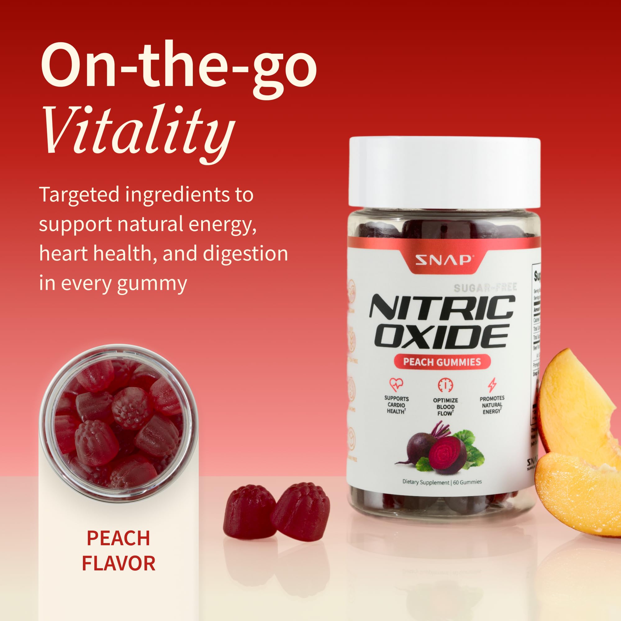 Snap Supplements Nitric Oxide Beet Root Gummies Supplement with Organic Beets - Energy & Circulation Support, 60 Sugar-Free Gummies (30 Servings, 1 Month Supply), Peach Snap Supplements uk supplements