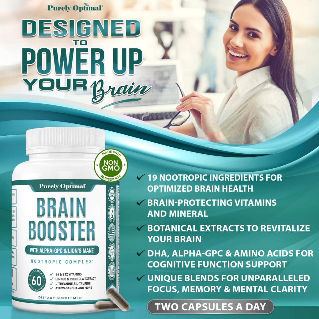 Purely Optimal Brain Booster Nootropic Supplement – Brain Support for Memory, Focus, Clarity, Jitter-Free Energy for Adults, Seniors– with Ginkgo Biloba, Alpha GPC, Lion’s Mane – 60 Capsules Purely Optimal uk supplements