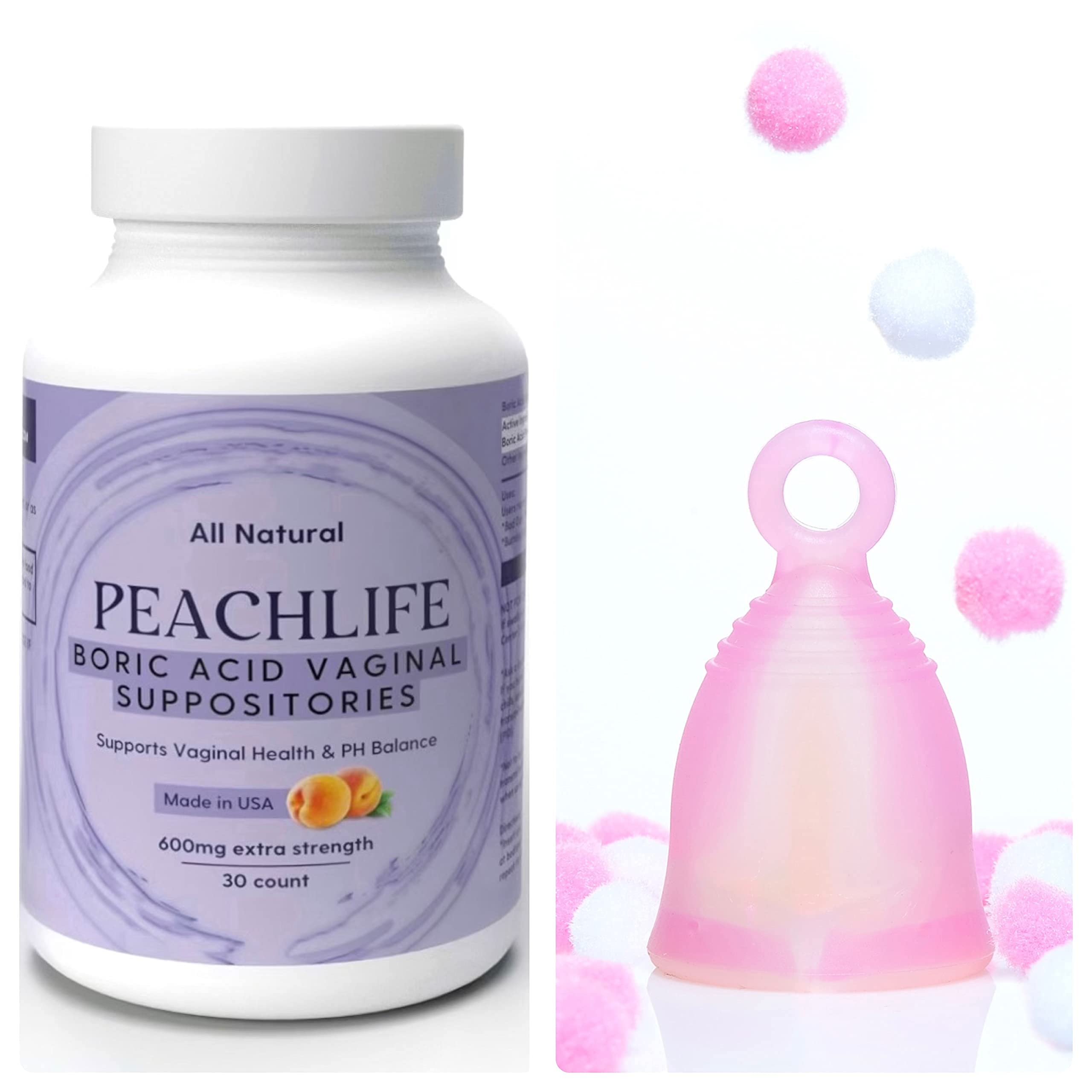 Peachlife Boric Acid Suppositories and Small Soft Menstrual Cup with Ring Pull Peachlife uk supplements