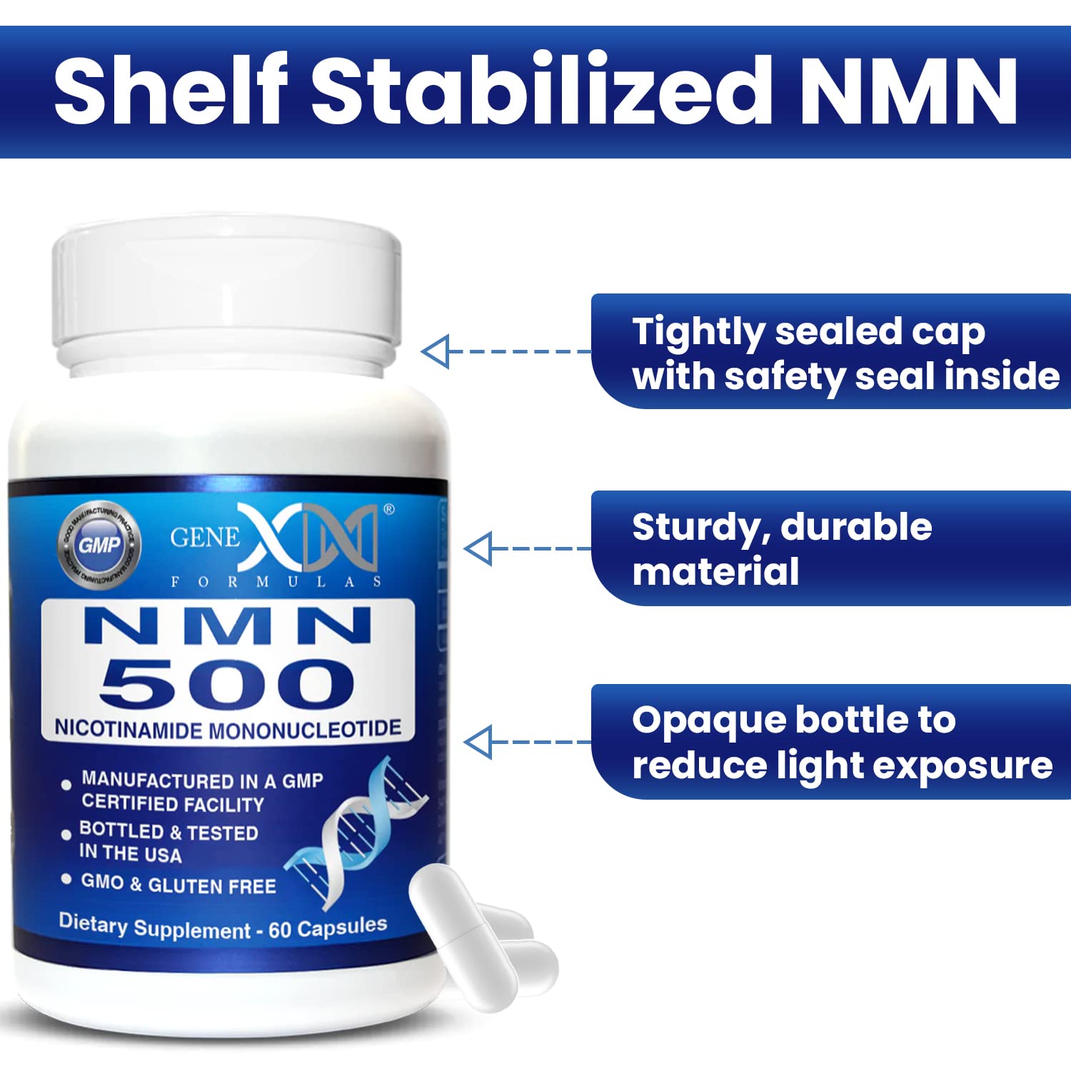 Genex Formulas NMN 500mg - 99% Pure Shelf Stabilized Supplement Capsules for Increased NAD Levels & Healthy Aging, GMP Certified, 500mg per Serving, 60 Capsules Genex Formulas uk supplements