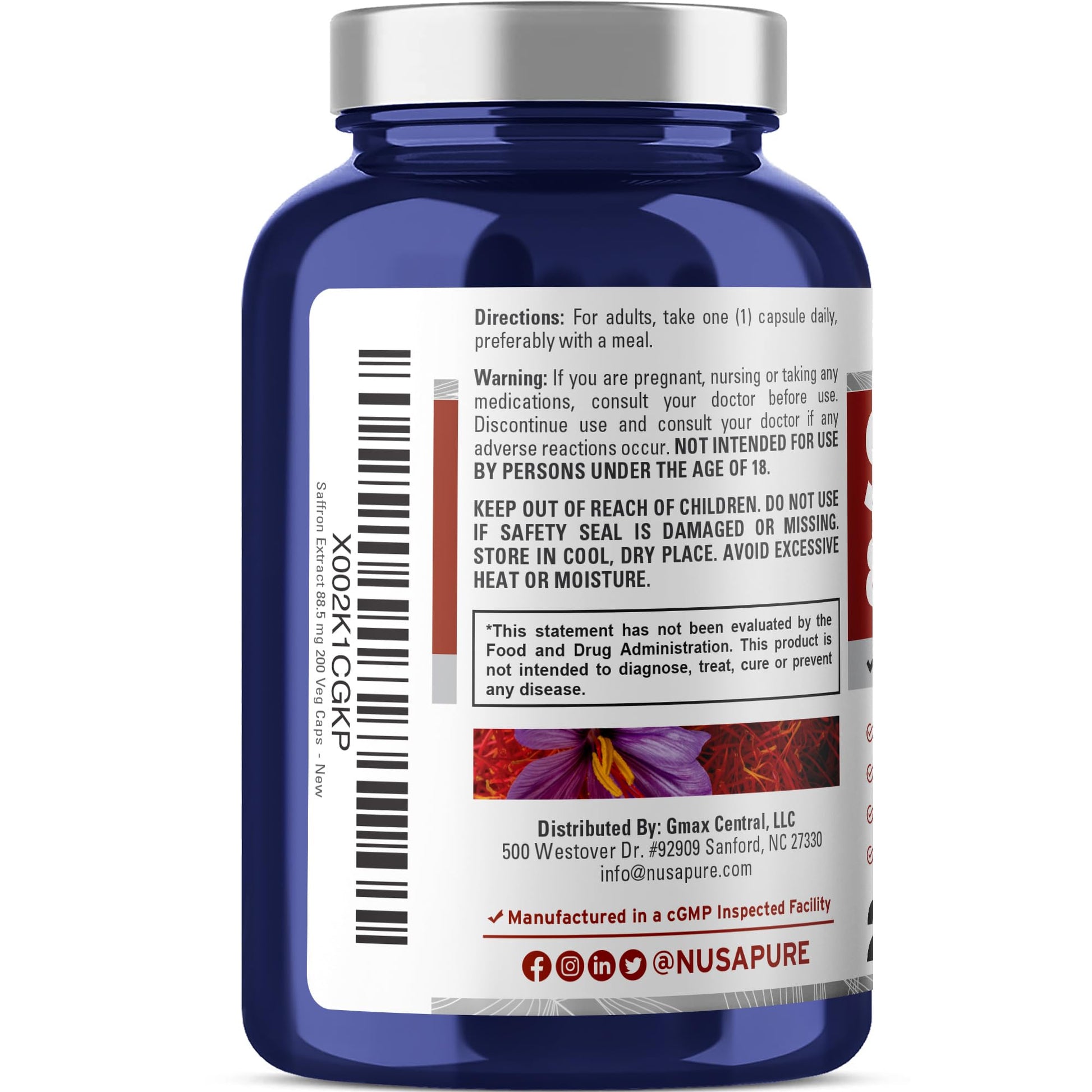 NusaPure Saffron Extract 88.5mg 200 Veggie Caps (Vegetarian, Non-GMO, Vegan) NusaPure uk supplements