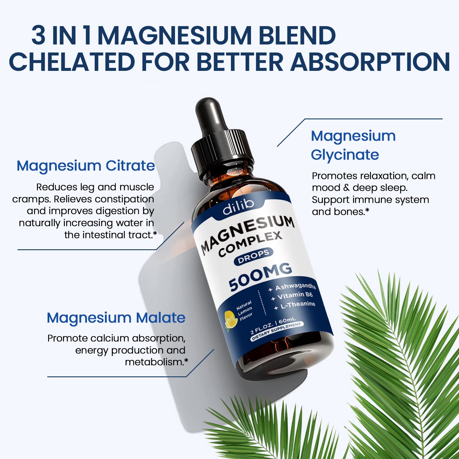 Magnesium Glycinate Liquid Drops, Triple Magnesium Complex Supplement with Citrate, Malate 500mg Ashwagandha, L-Theanine, Vitamin B6 for Sleep, Calm, Stress Relief, Bone, Muscle, Mood - Lemon Flavor dilib uk supplements