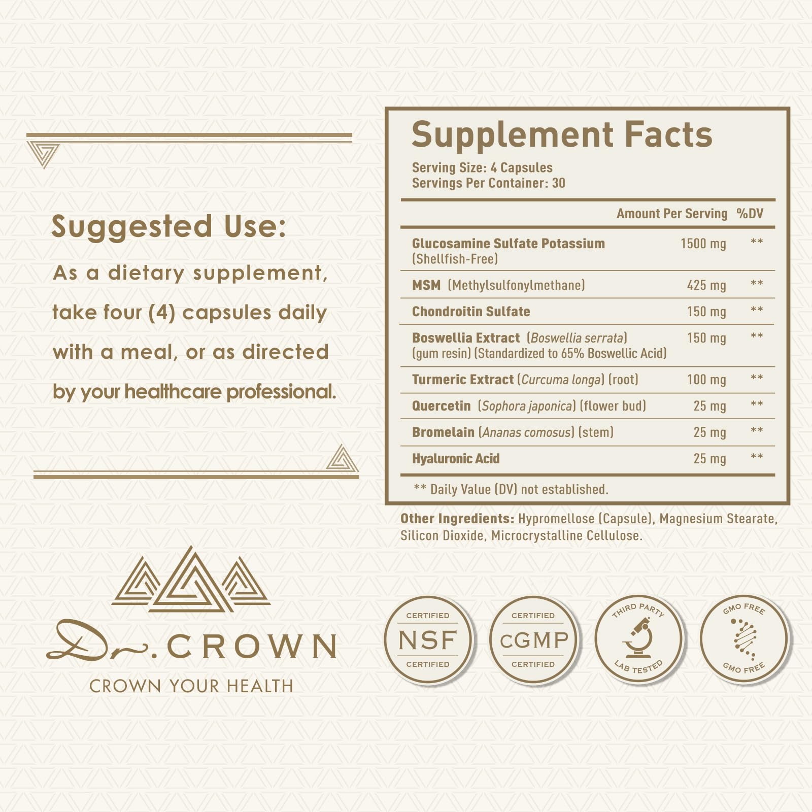 DR. CROWN Joints Health Suppplement, Glucosamine Chondroitin MSM - Joint Support Supplement for Women and Men with Turmeric, MSM &Boswellia, for Cartilage, Joint Health and Flexibility - 120 Capsules DR. CROWN uk supplements