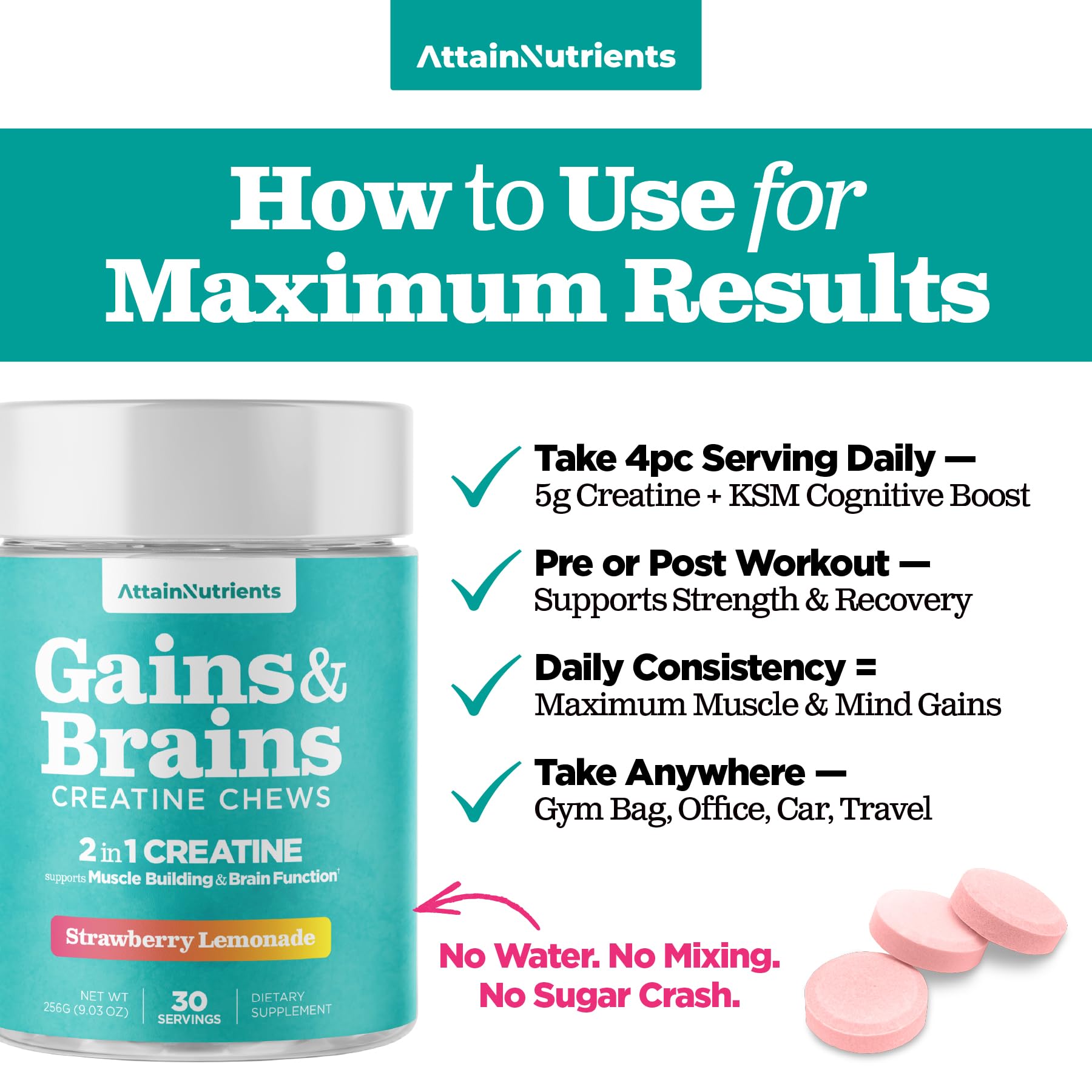 Creatine Chews - 5000mg Creatine Monohydrate Tablets for Men & Women with Ashwagandha KSM-66 - Low Sugar Muscle Support & Cognitive Boost - Gummy Alternative - 120 Count (Strawberry Lemonade) Attain Nutrients uk supplements