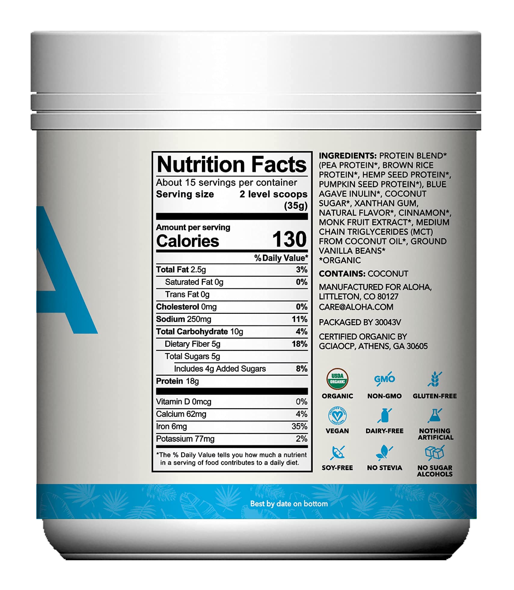 ALOHA Organic Plant Based Protein Powder, Stevia Free, Vanilla, 19.6 oz, 15 Servings PACKAGING MAY VARY ALOHA uk supplements