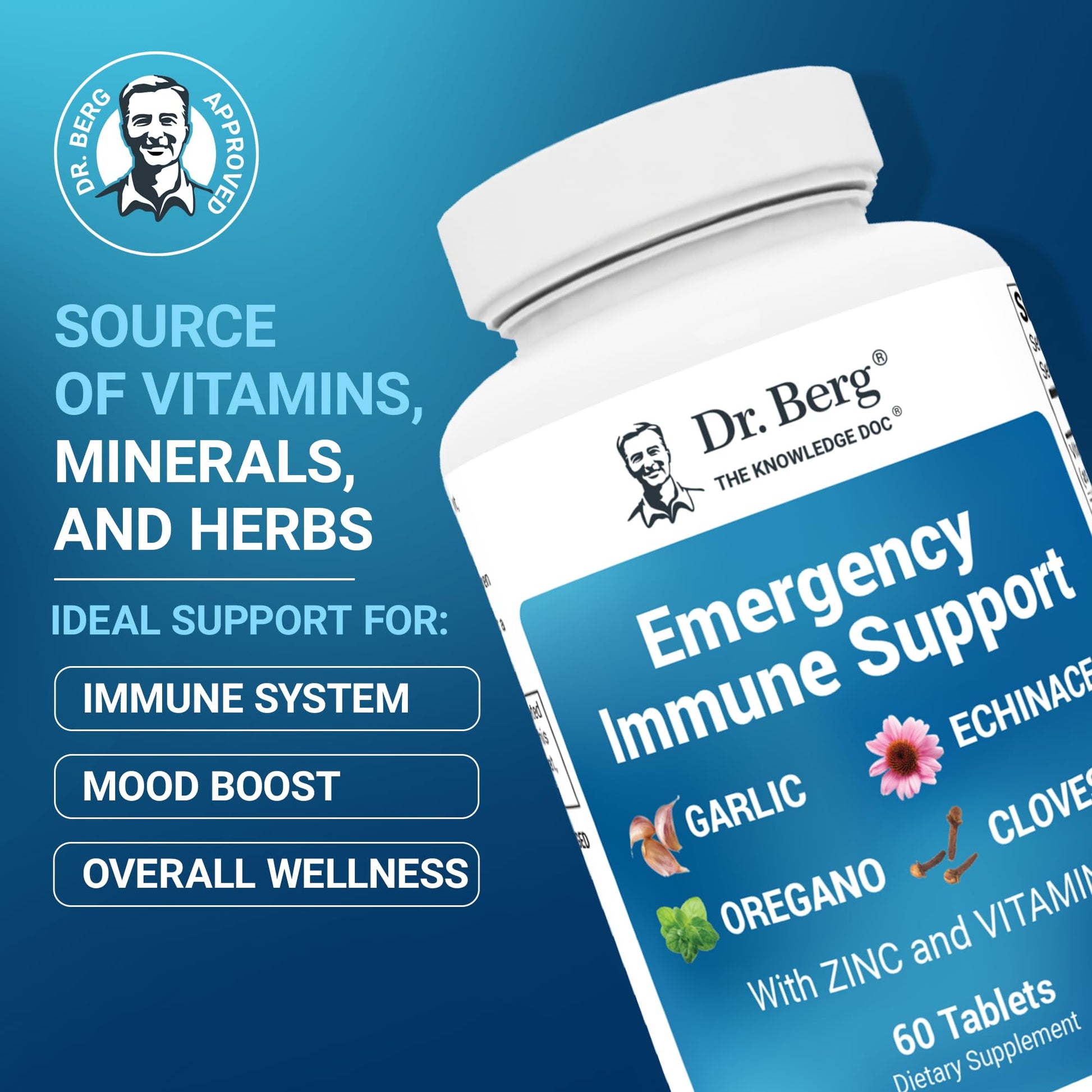 Dr. Berg Emergency Immune Support w/Echinacea - Potent Blend of Herbal Extracts (Warning: Strong Herbal Smells) - Immune Support Supplement Includes 2,000 IUs of Vitamin D & 10mg of Zinc - 60 Tablets Dr. Berg Nutritionals uk supplements