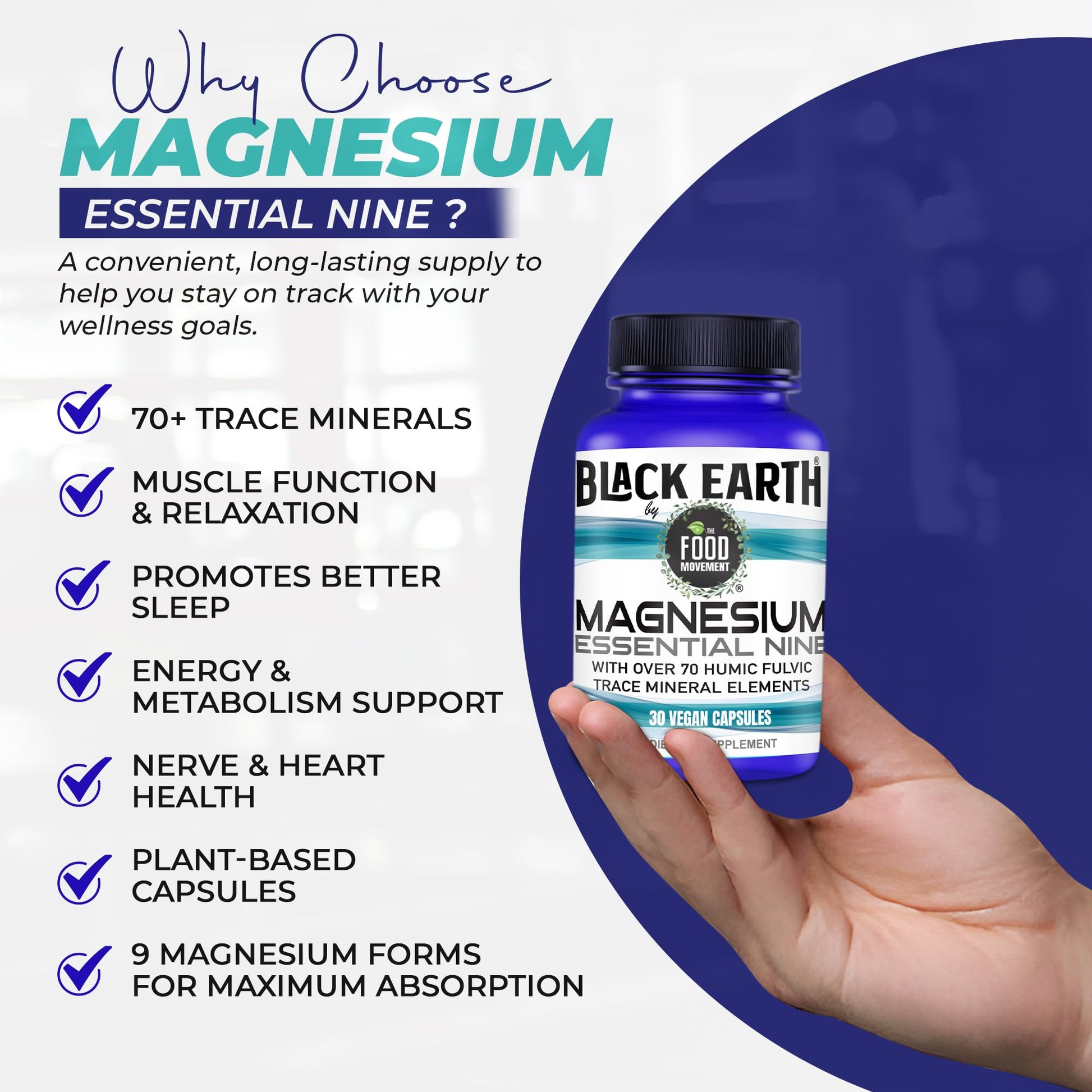 The Food Movement Co. Black Earth Magnesium Essential Nine - Vegan Capsules with Magnesium Glycinate, Citrate, Malate and More - 9 Bioactive Forms for Optimal Health (30 Count) THE FOOD MOVEMENT CO. uk supplements