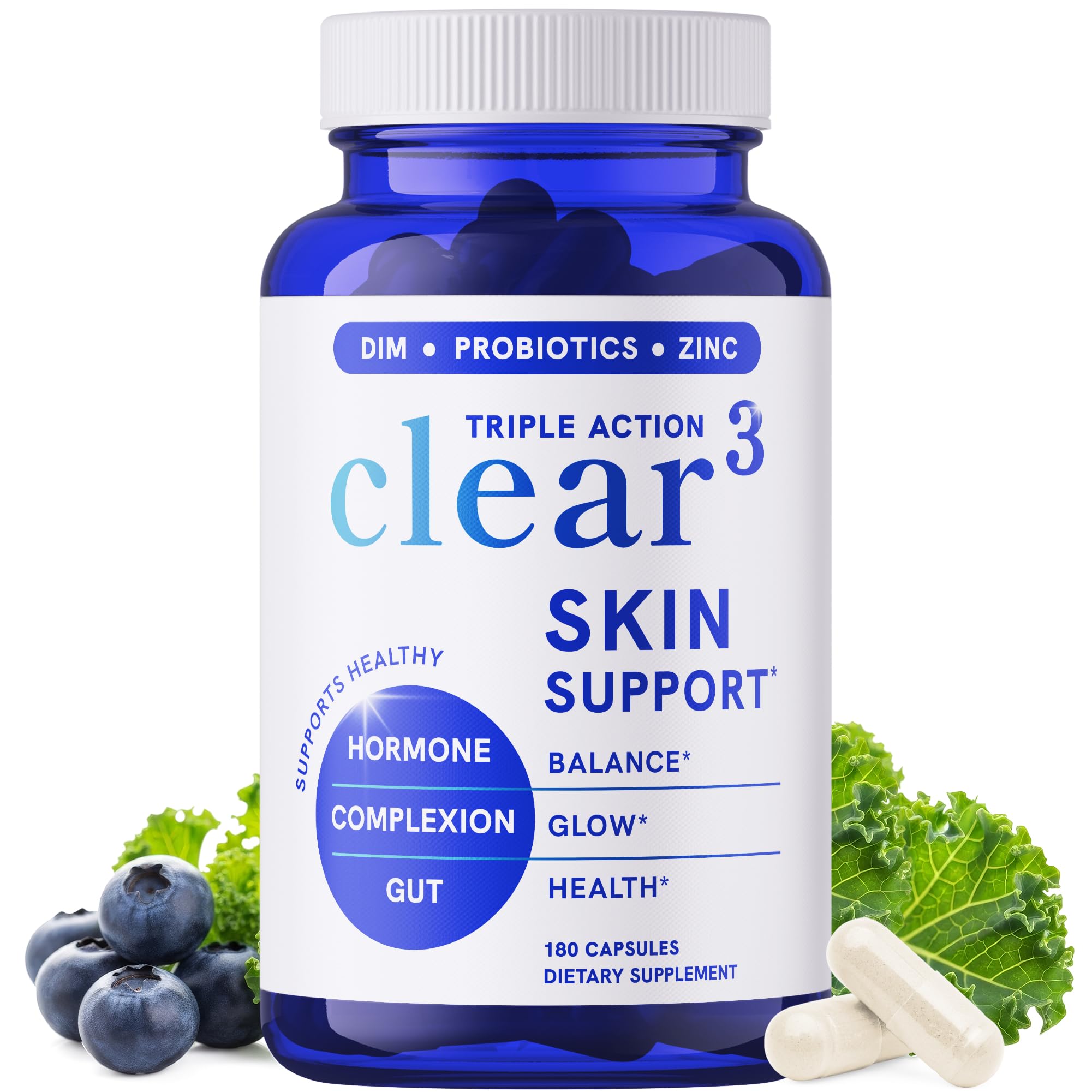 Clear Skin Supplement with Zinc, DIM & Probiotics | 3-in-1 Balance, Glow & Health Skin Support | Triple Action Hyaluronic Acid, Niaciminide & Vitamins for Hormone, Complexion & Gut Support | 180 Ct SMNutrition uk supplements