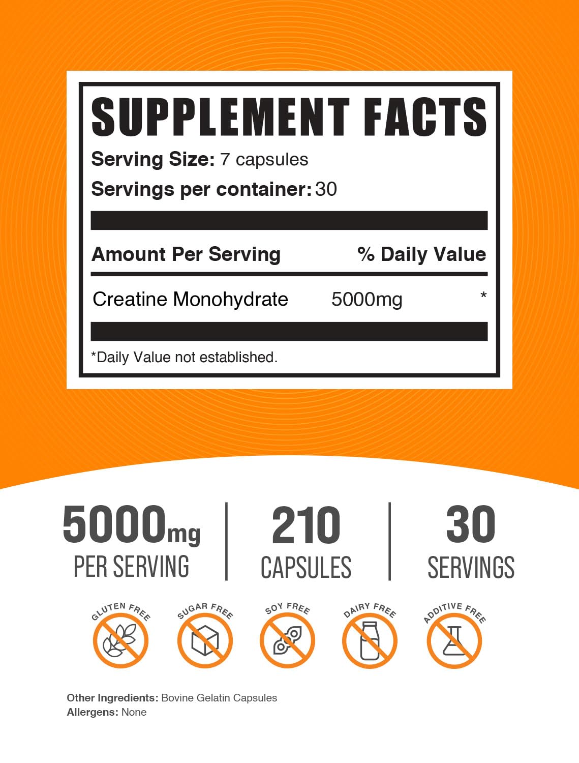 BulkSupplements.com Creatine Monohydrate Capsules - Micronized Creatine Monohydrate, Sports Nutrition - 7 Capsules per Serving, 5000mg, Gluten Free, 210 Count (Pack of 1) BulkSupplements uk supplements