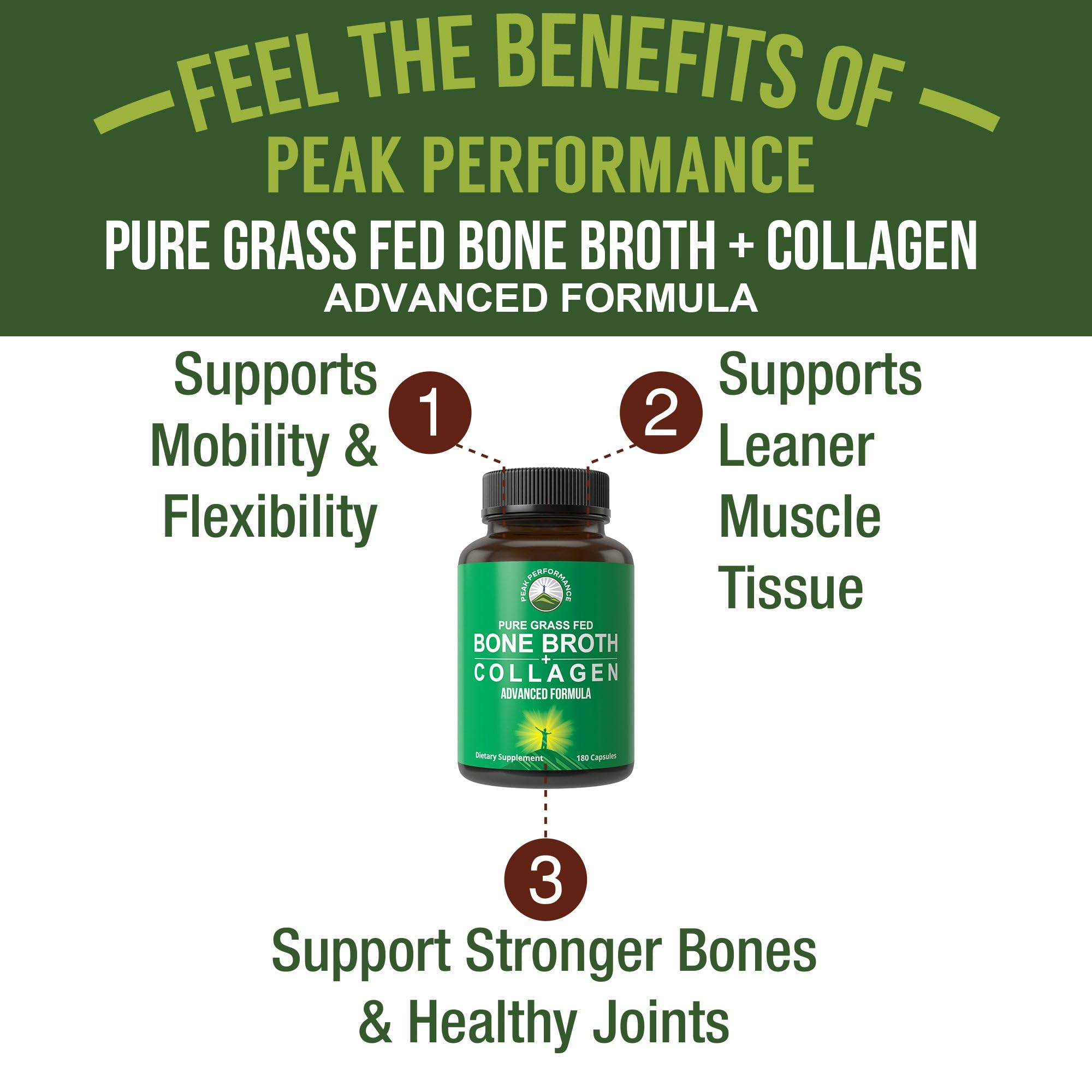 Bone Broth Collagen Capsules. 180 Pills of Grass Fed Bone Broth Collagen Protein Peptides. Contains All 3 Types 1, 2, and 3. Pure Pasture Raised Paleo Friendly Tablets for Women and Men Peak Performance uk supplements