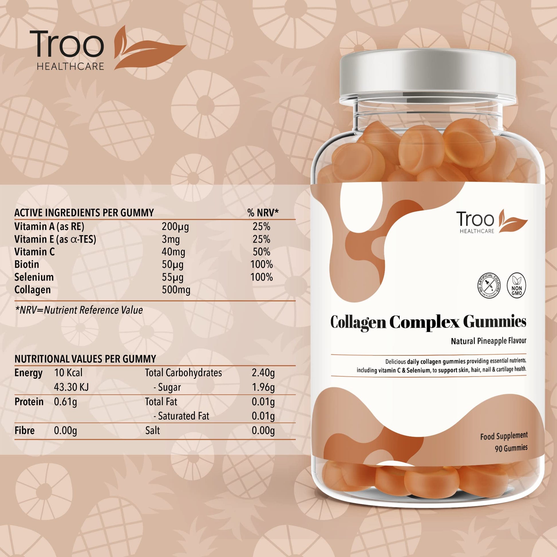 Hydrolysed Collagen Complex - 90 Natural Pineapple Flavour Chewable Gummies - One Per Day with Biotin, Vitamin C and Selenium Troo Health Care uk supplements