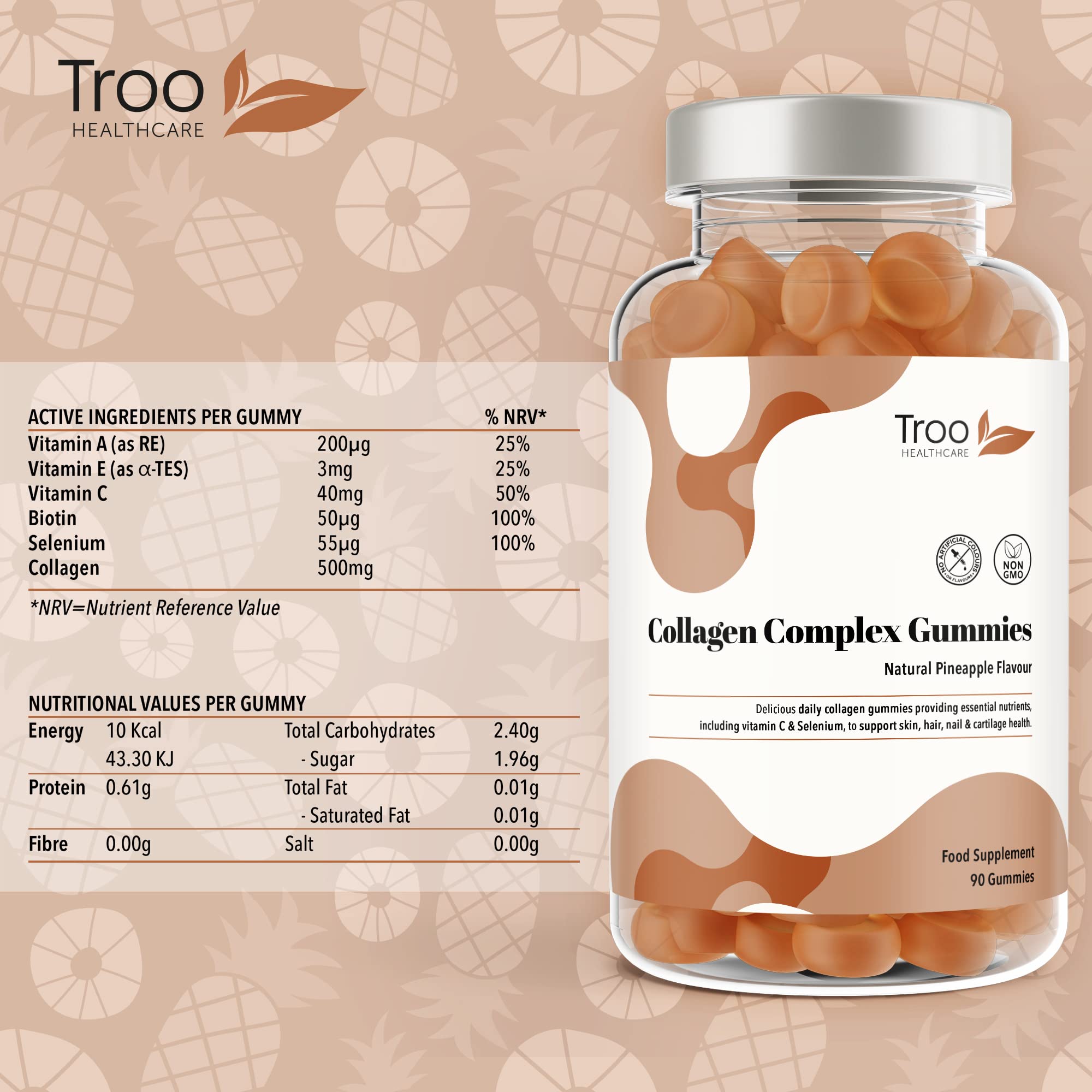 Hydrolysed Collagen Complex - 90 Natural Pineapple Flavour Chewable Gummies - One Per Day with Biotin, Vitamin C and Selenium Troo Health Care uk supplements