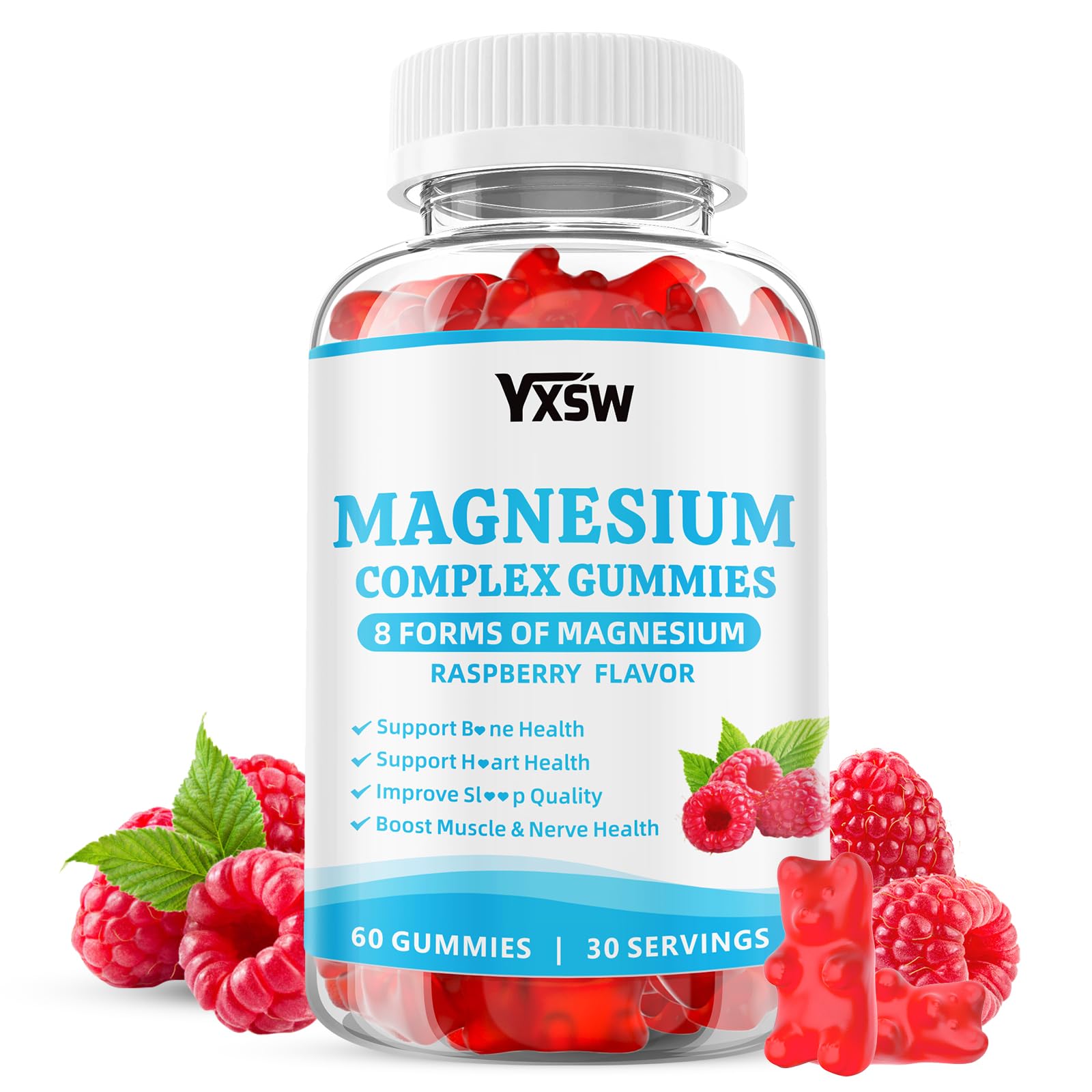 Magnesium Complex Gummies 8 Elemental 1000mg - Magnesium Glycinate, Citrate, Malate, Taurate, Supports Bones, Muscle, Nerve Health, for Women & Men, Vegan Non-GMO, Raspberry Flavor, 60 Count YXSW uk supplements
