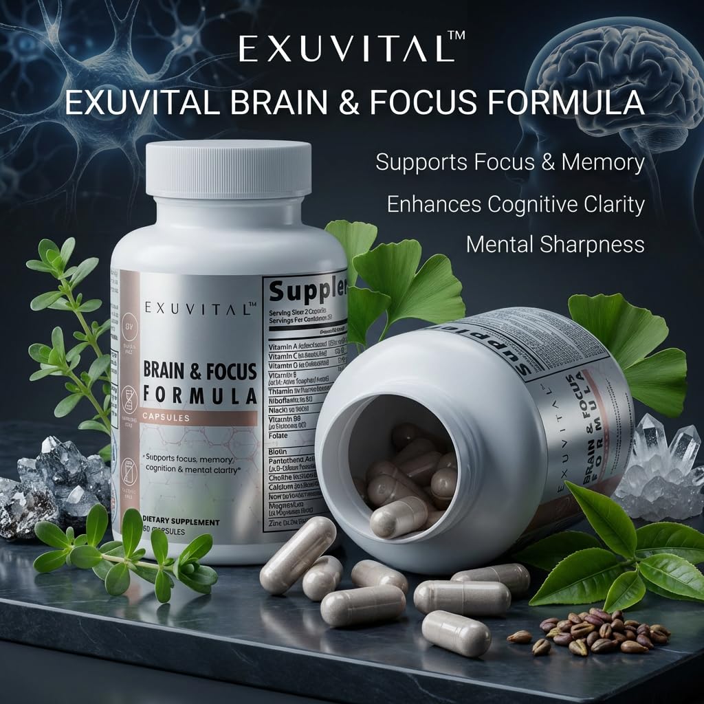 EXUVITAL Brain & Focus Formula, Veggie Capsules, 60 Count, Nootropic Supplement with Vitamins, Minerals and Proprietary Blend for Clarity, Memory, Cognition and Mental Focus EXUVITAL uk supplements