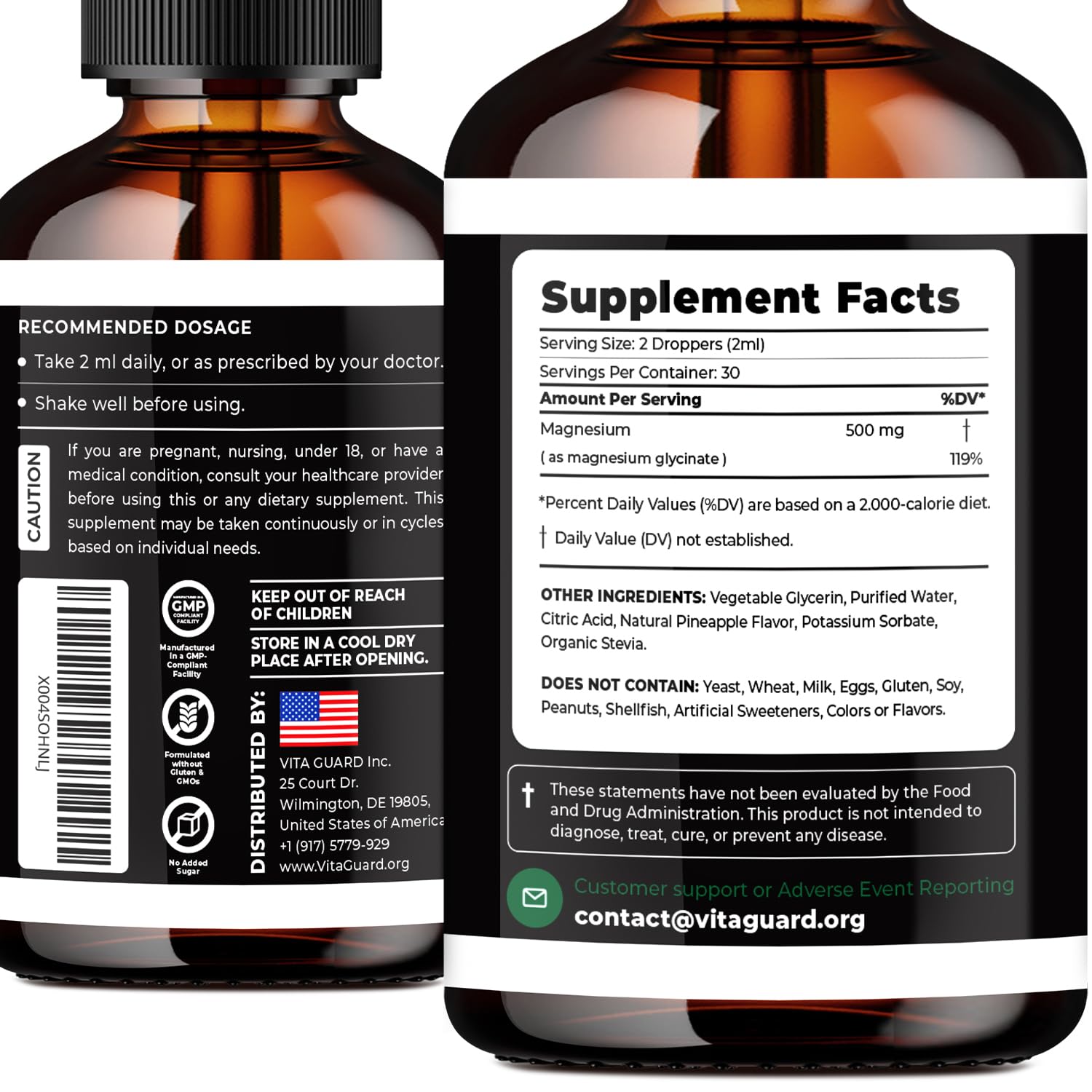Magnesium Glycinate 500mg Liquid Drops – Sugar-Free Magnesium Supplement, Vegan Formula, 60 mL Flavor Pineapple Vita Guard uk supplements