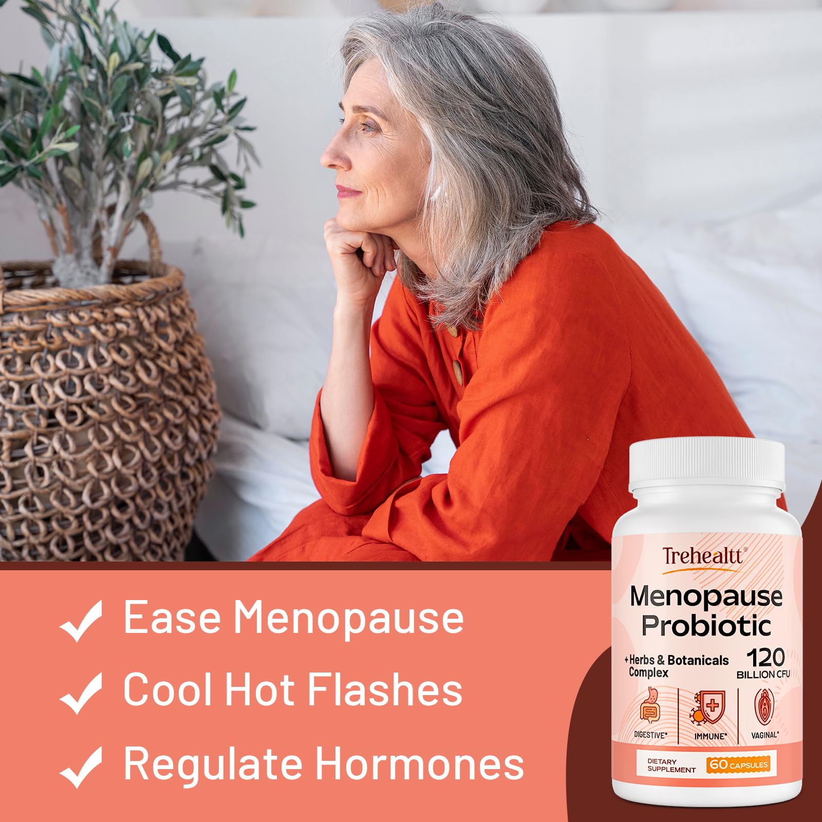 Menopause supplements for women, 120 Billion CFU Probiotic, 13-in-1 Herbs & Botanicals Complex, for Hormone Menopause, Hot Flashes, Night Sweats, Mood Swings, Sleep Disturbances, Vegan, 60 Capsules Trehealtt uk supplements