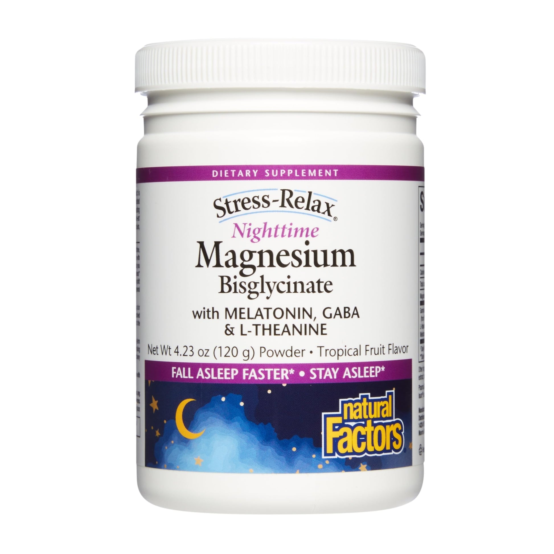 Natural Factors Stress-Relax Nighttime Magnesium Bisglycinate - Supports Sleep & Relaxation* - with Melatonin, L-Theanine & GABA - Tropical Flavor - 4.23 oz Natural Factors uk supplements