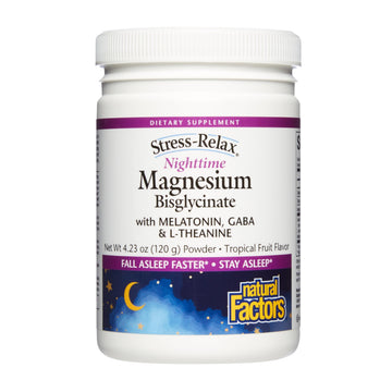 Natural Factors Stress-Relax Nighttime Magnesium Bisglycinate - Supports Sleep & Relaxation* - with Melatonin, L-Theanine & GABA - Tropical Flavor - 4.23 oz Natural Factors uk supplements