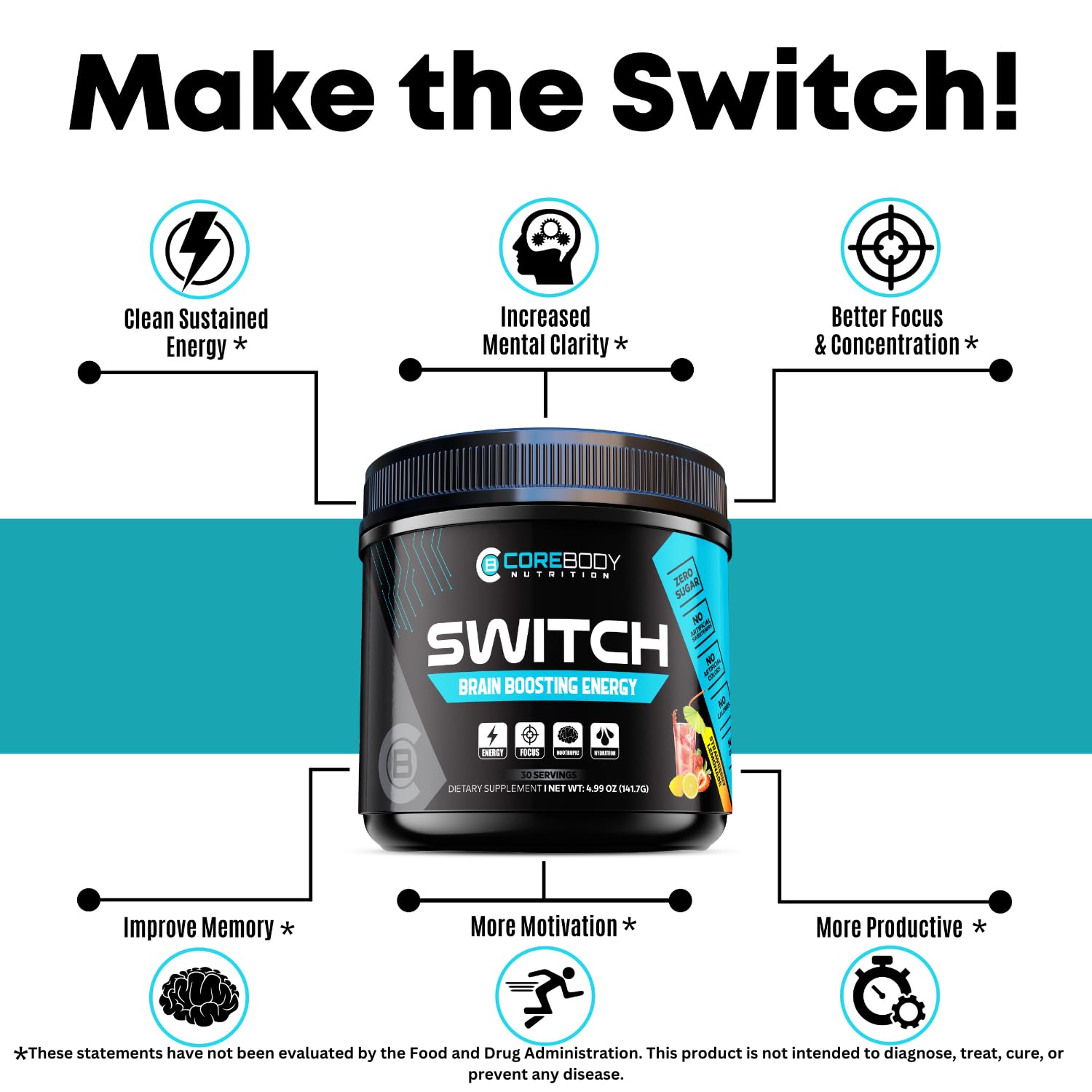 Switch, Brain Boosting Nootropic Energy Supplement Powder - Made in USA - Alpha GPC, NALT, Ashwagandha, Sugar Free Energy, Keto, Increase Mental Focus & Cognitive Function, Enhances Mood & Memory CoreBody Nutrition uk supplements