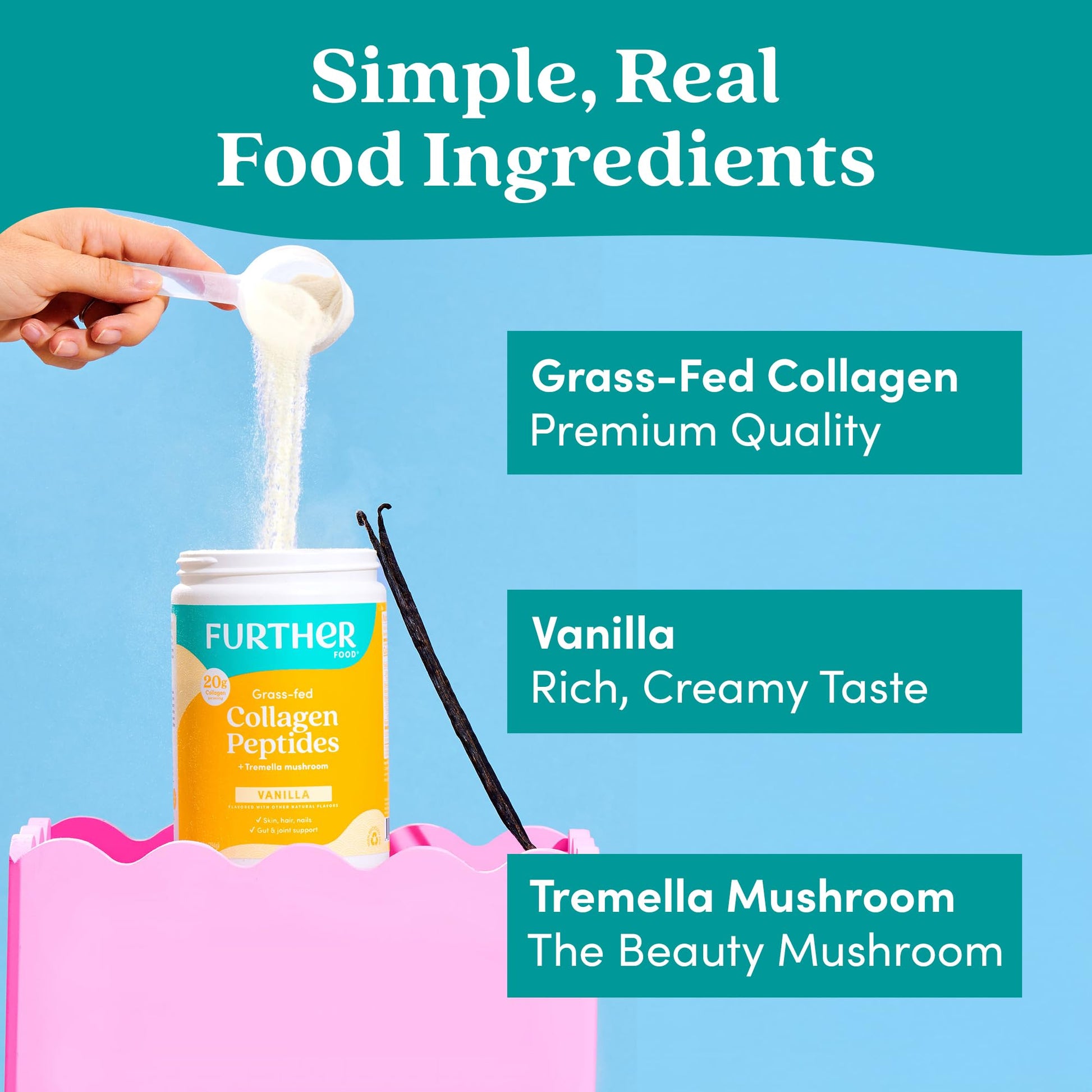 Further Food Vanilla Collagen Peptides Powder with Tremella Mushroom – 100% Grass-Fed, Hydrolyzed Type 1 & 3, 20g of Collagen per Serving, Supports Skin, Hair, Nails & Joints, 22.22 Oz Further Food uk supplements