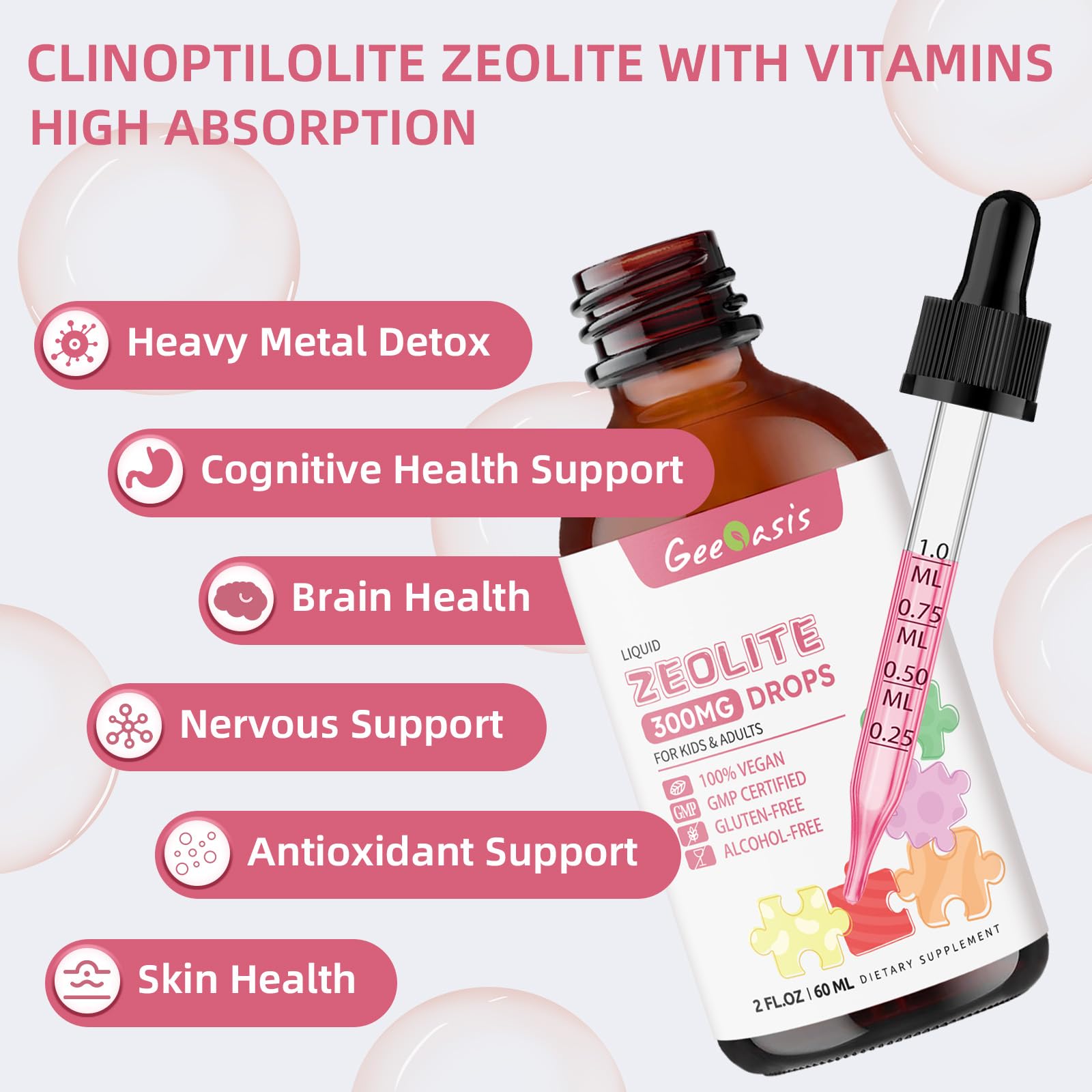 Geeoasis Zeolite Detox for Kids & Adults, 300 mg Zeolite Clinoptilolite Liquid with Vitamin B12 & D3, Vitamin C & Zinc Gluconate, Immune Support & Gut Health, Natural Strawberry Flavor, 2 Fl Oz Geeoasis uk supplements