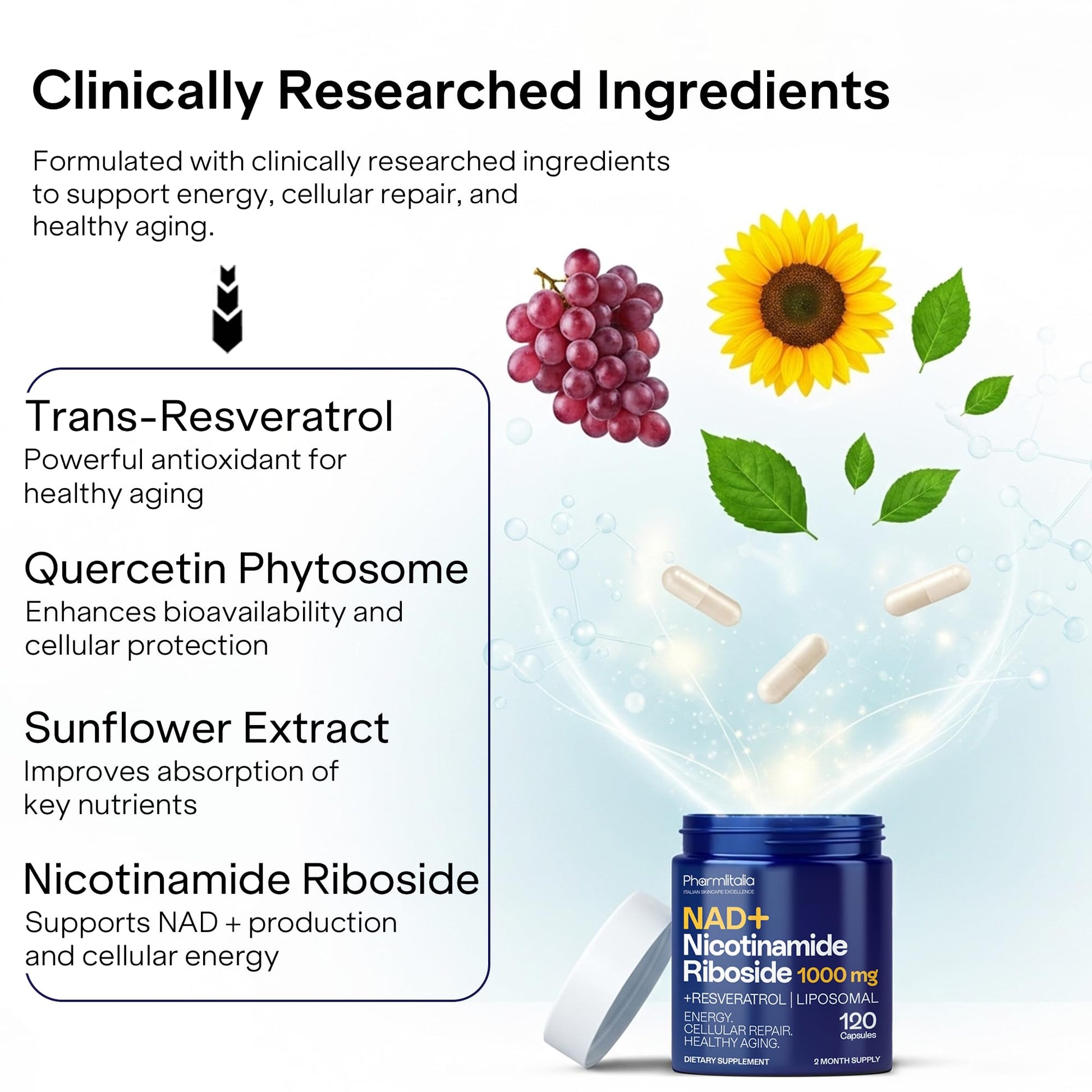 Liposomal NAD+ Supplement with Resveratrol - Nicotinamide Riboside 1000 Mg - NAD Supplements for Women & Men - NMN Supplement Alternative - Advanced NAD Resveratrol for Cellular Energy - 120 Capsules Pharmlitalia uk supplements